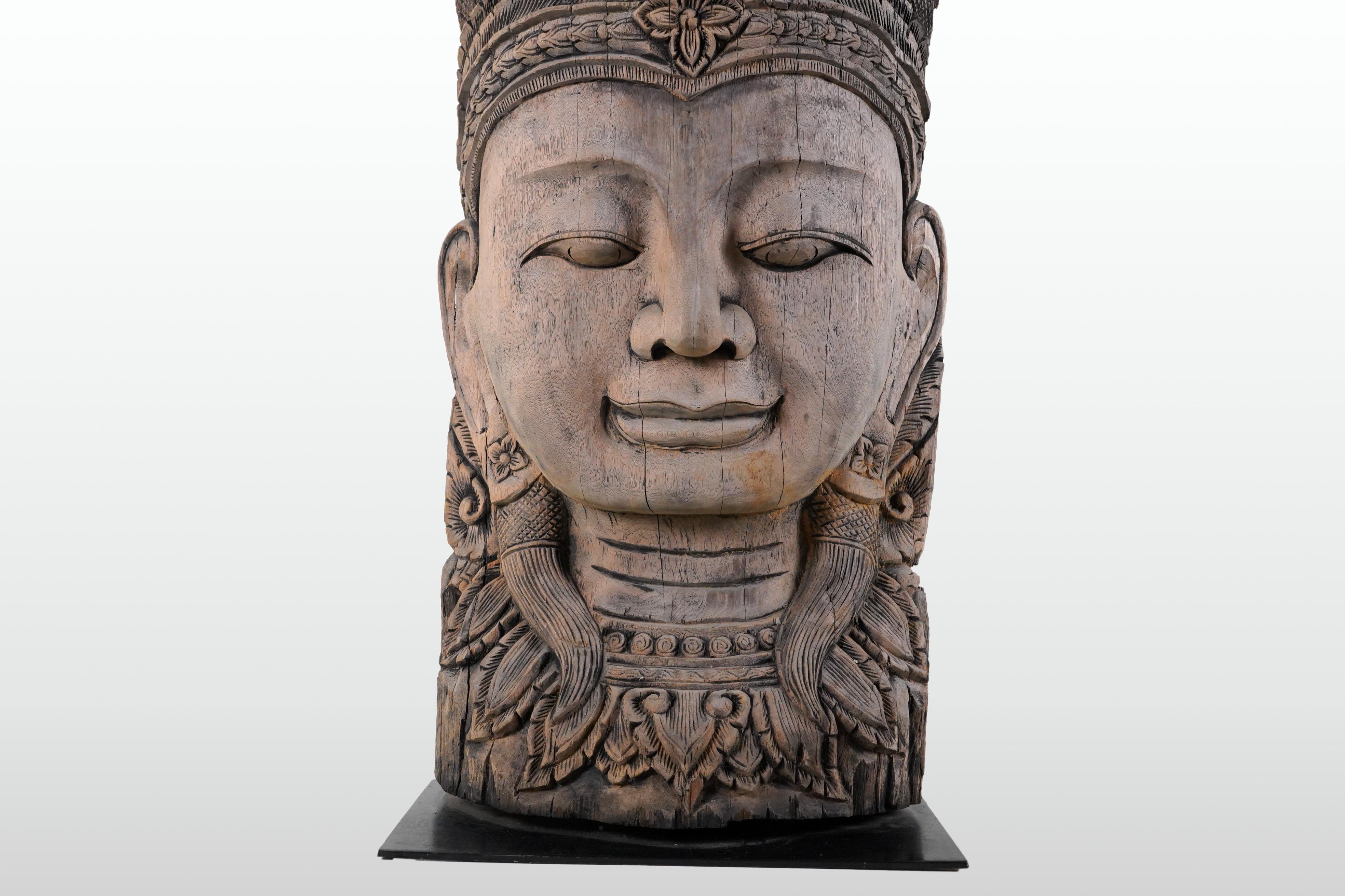 A Teak Wood Sculpture of a Cambodian Apsara Goddess For Sale 3