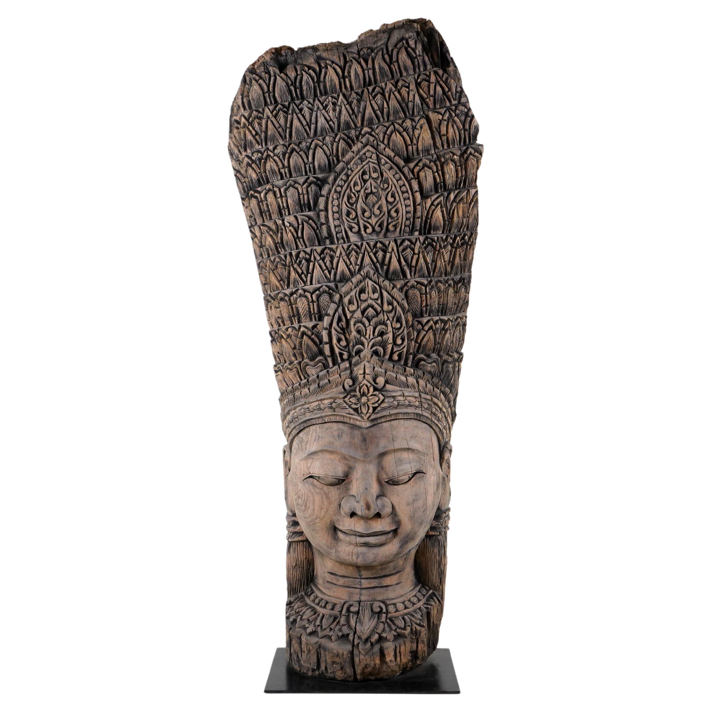 A Teak Wood Sculpture of a Cambodian Apsara Goddess For Sale