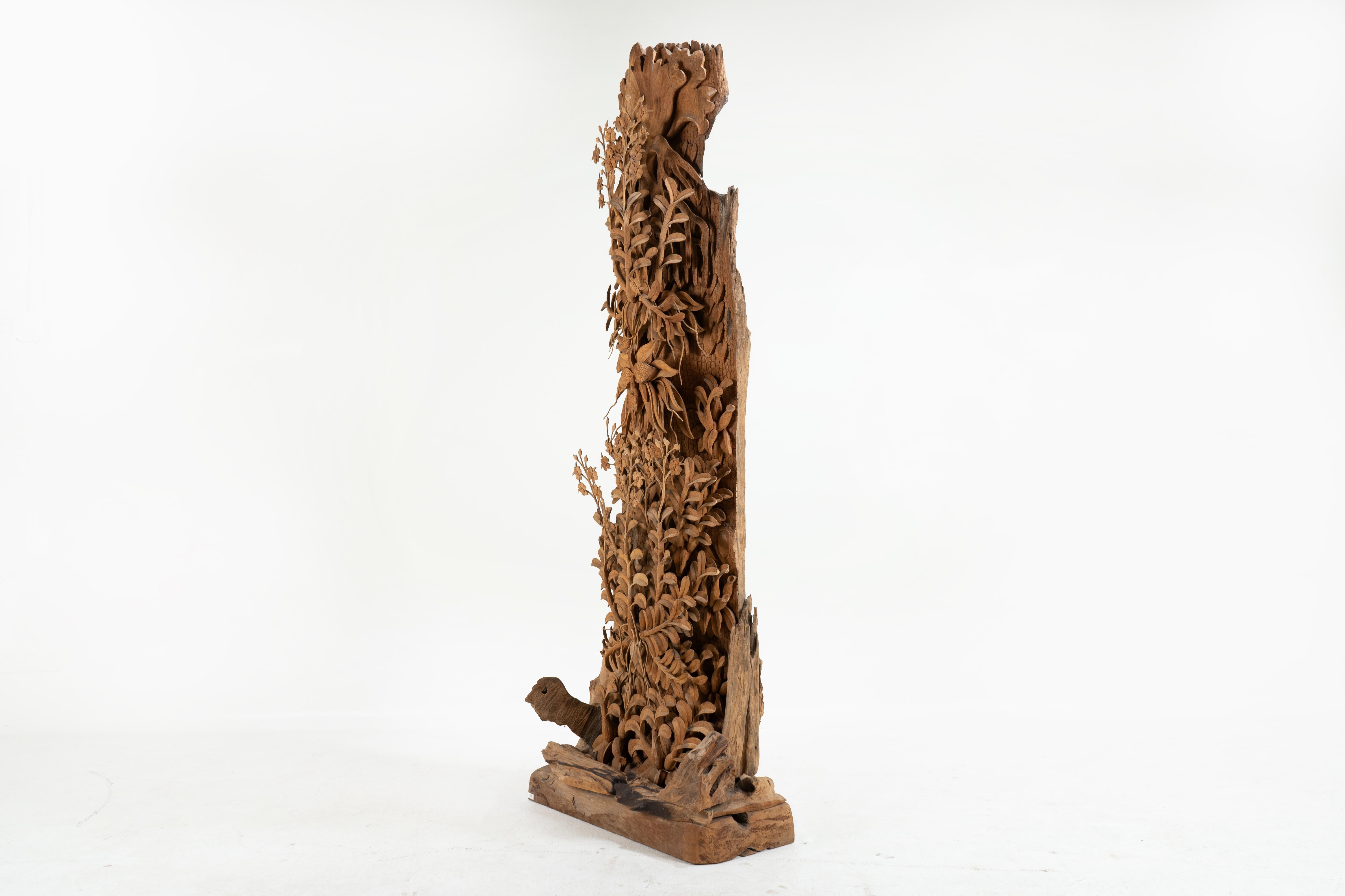 Hand-Carved A Teakwood Carving of an Orchid For Sale