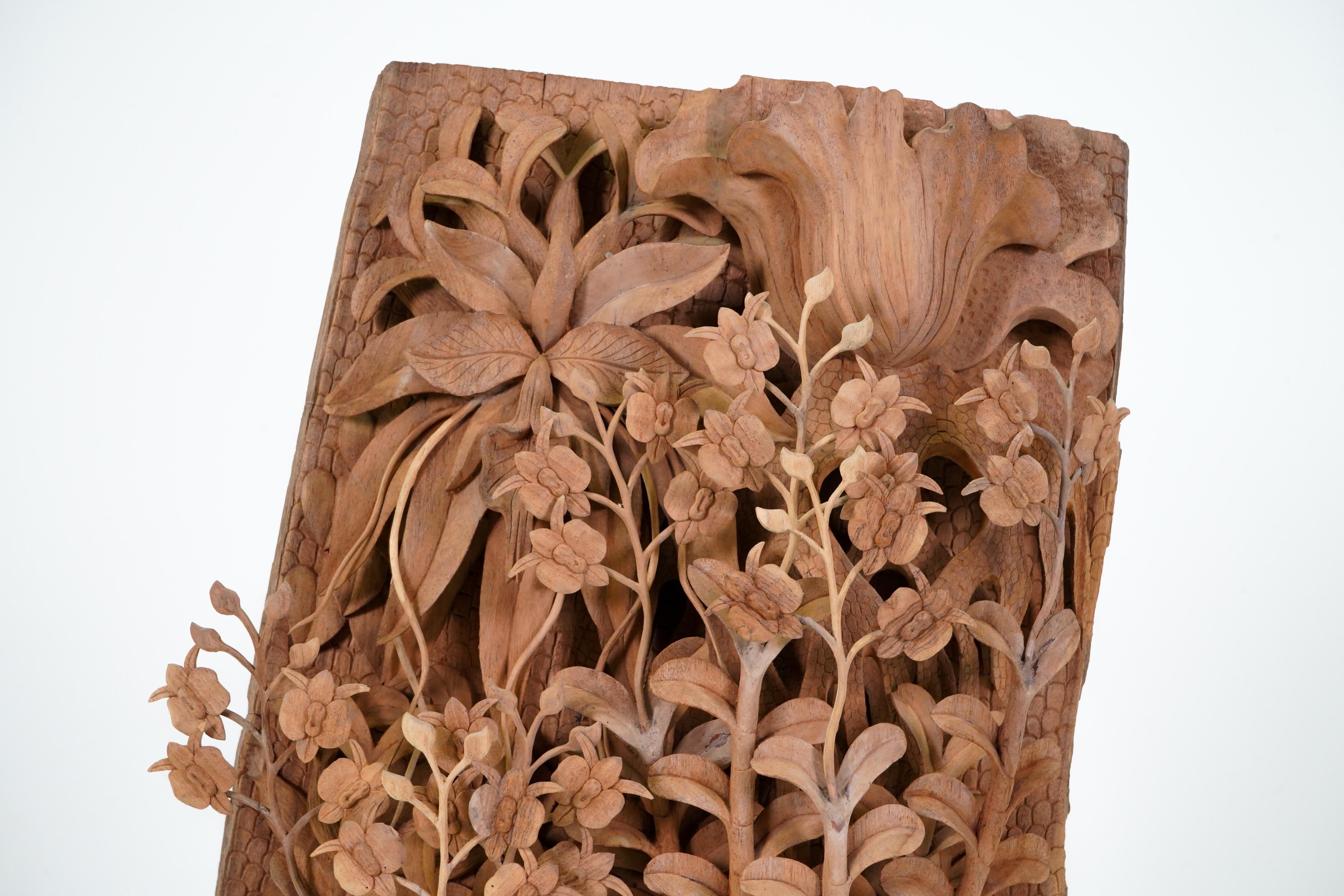 Contemporary A Teakwood Carving of an Orchid