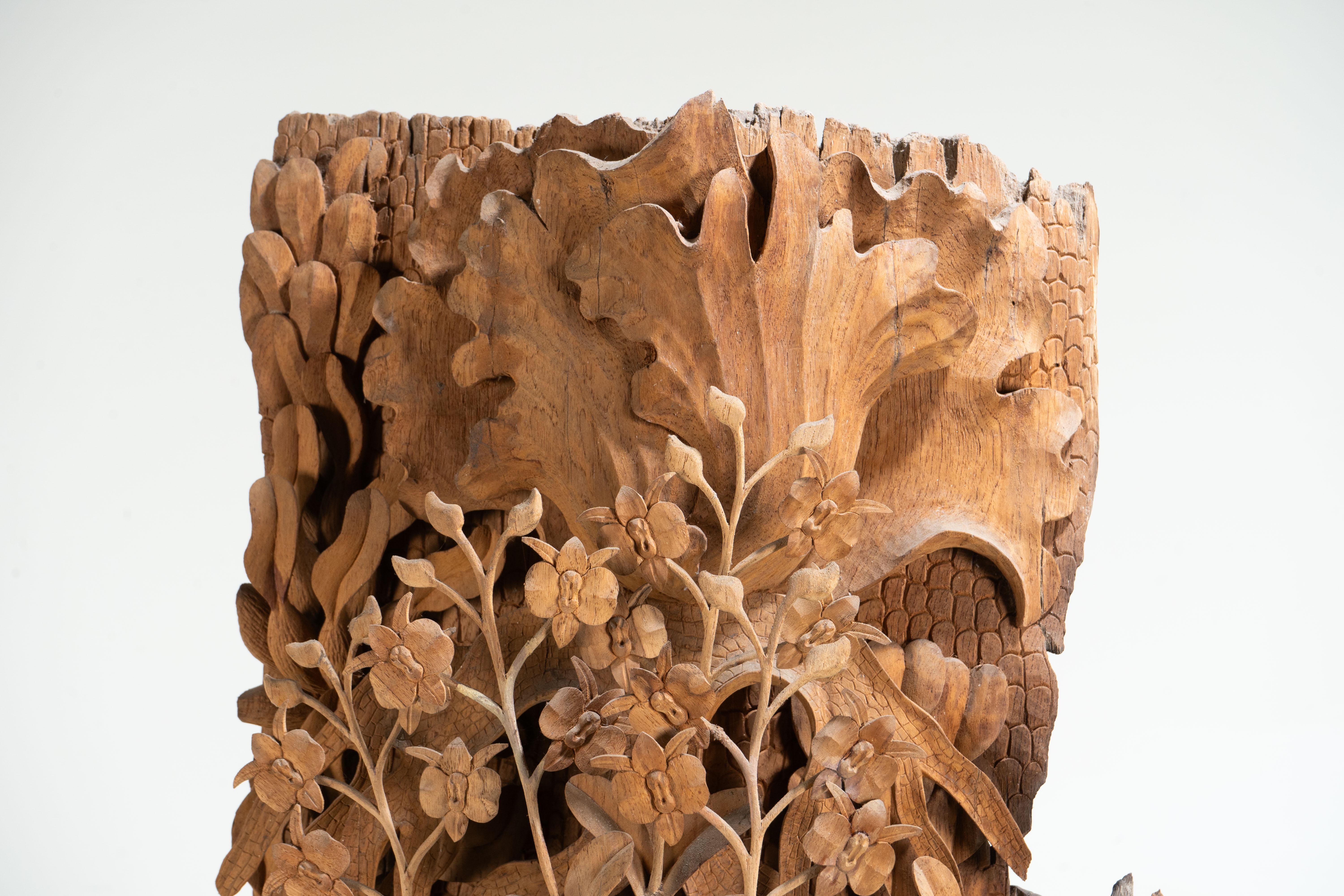 Contemporary A Teakwood Carving of an Orchid For Sale