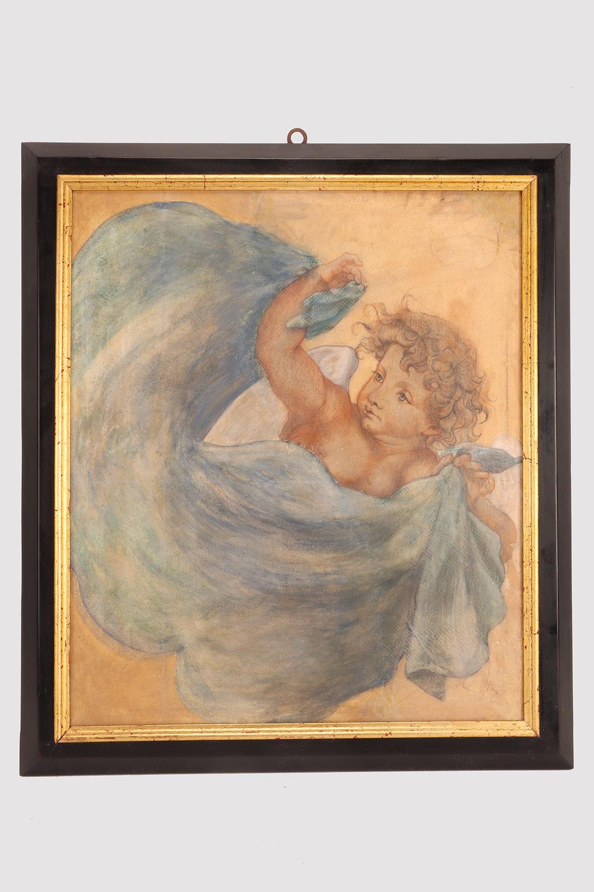 Tempera drawing on paper, mounted on canvas, depicting an angel holding a blue cloth. Black lacquered fir wood frame with gilt ramin wood ledge. France late 19th century.