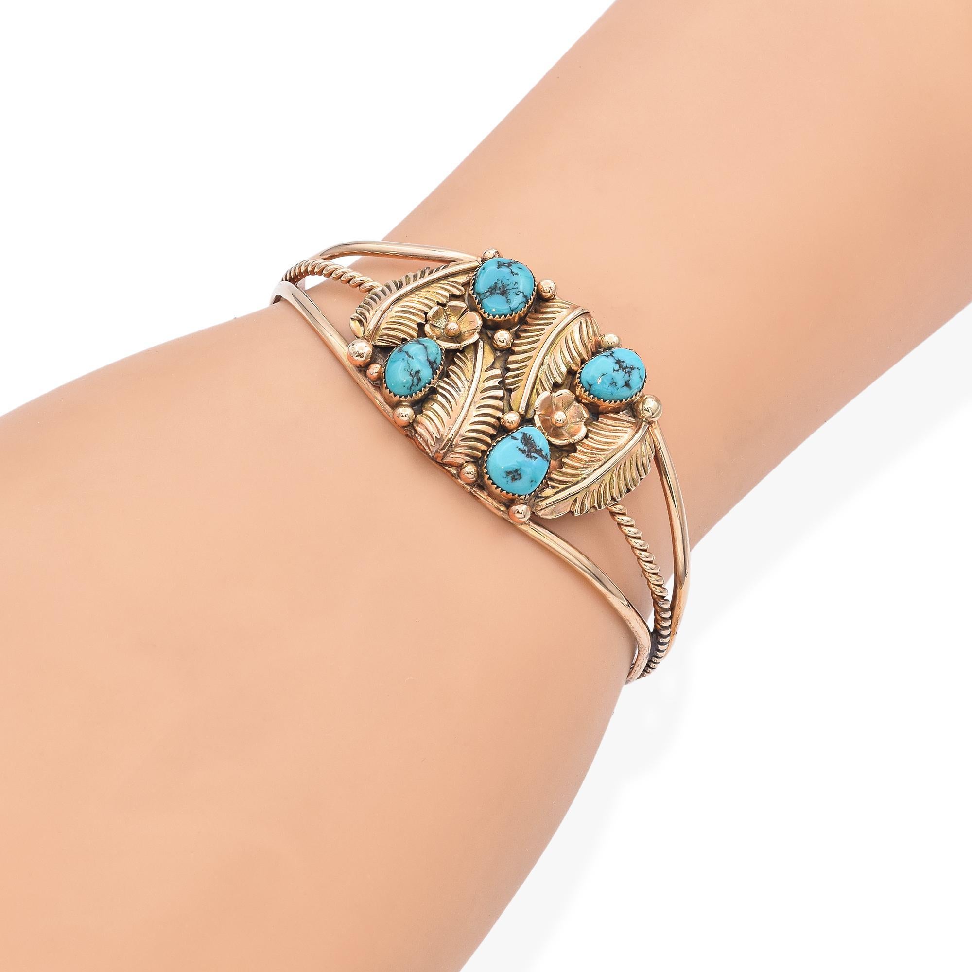Cabochon A. Tennison Zuni Native American 14k Yellow Gold Turquoise Cuff Bracelet For Sale