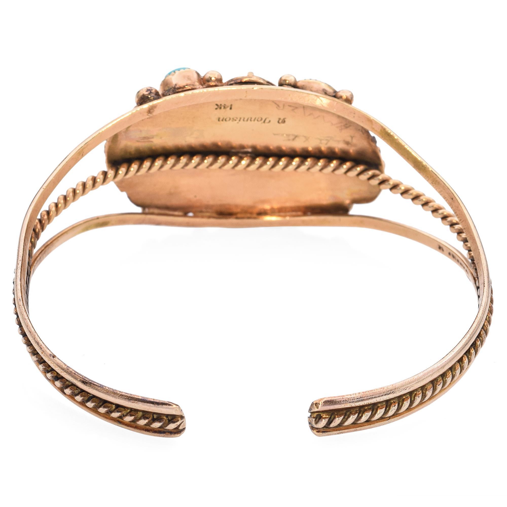 A. Tennison Zuni Native American 14k Yellow Gold Turquoise Cuff Bracelet In Good Condition For Sale In New York, NY