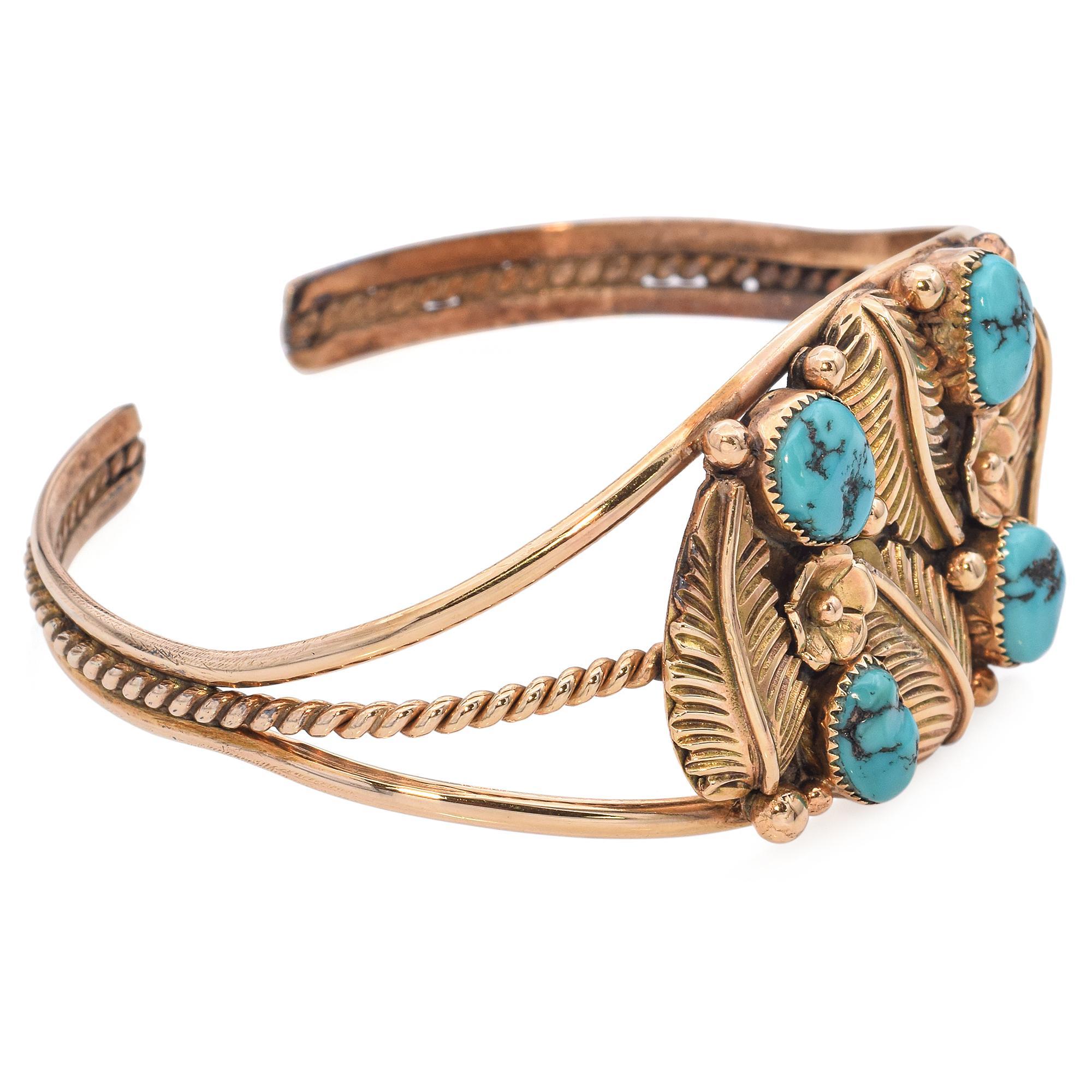 Women's or Men's A. Tennison Zuni Native American 14k Yellow Gold Turquoise Cuff Bracelet For Sale