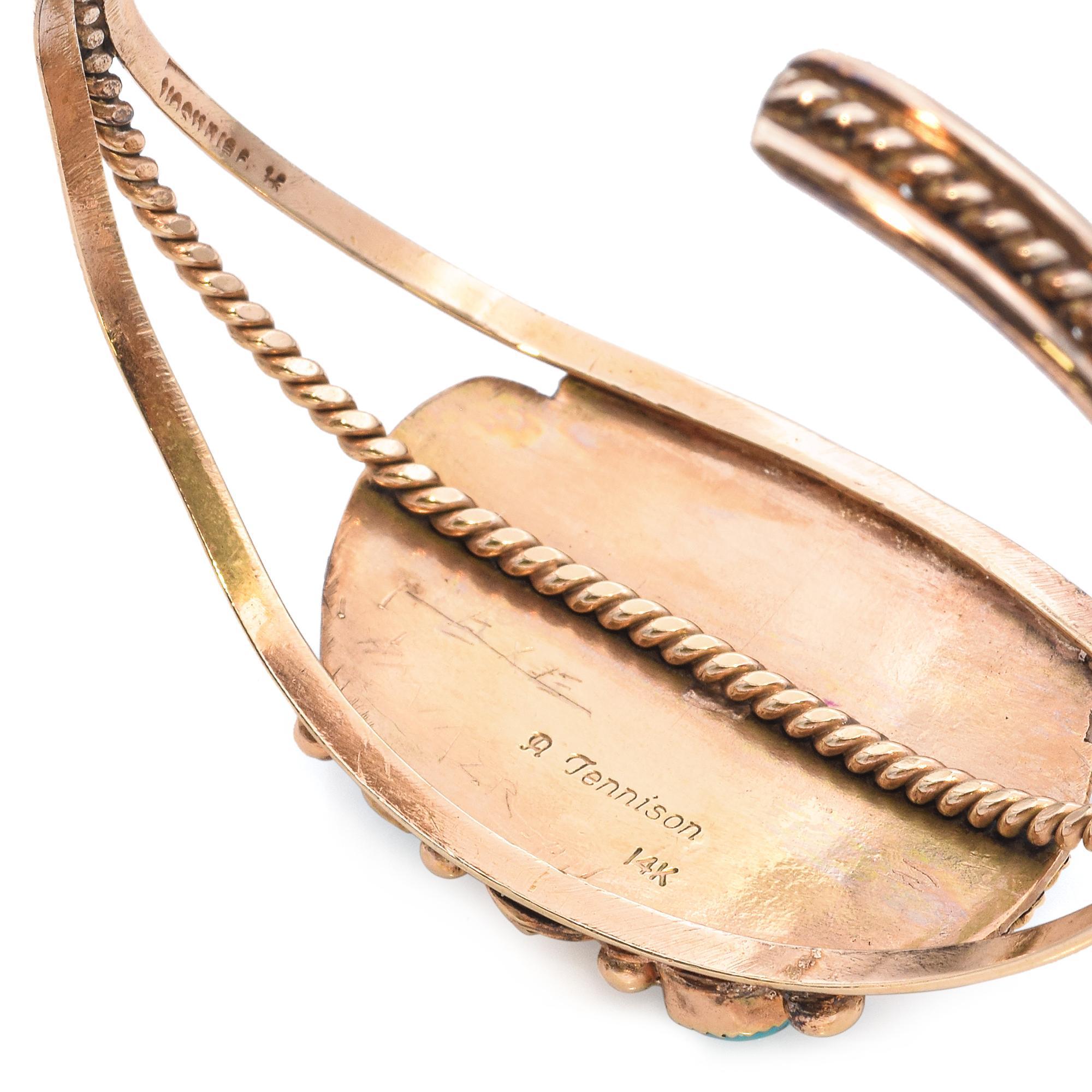 A. Tennison Zuni Native American 14k Yellow Gold Turquoise Cuff Bracelet For Sale 1