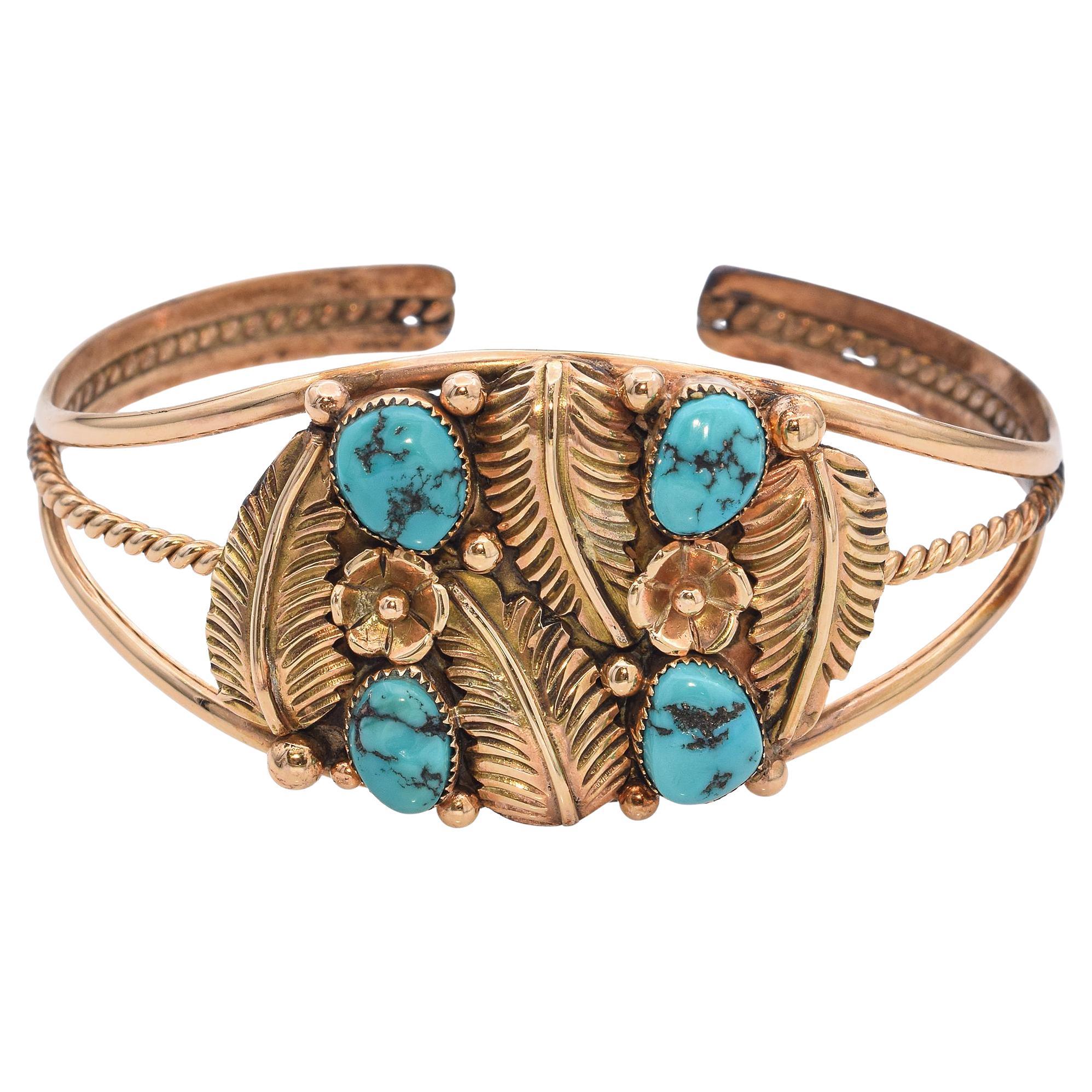 A. Tennison Zuni Native American 14k Yellow Gold Turquoise Cuff Bracelet