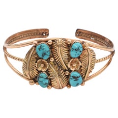 A. Tennison Zuni Native American 14k Yellow Gold Turquoise Cuff Bracelet