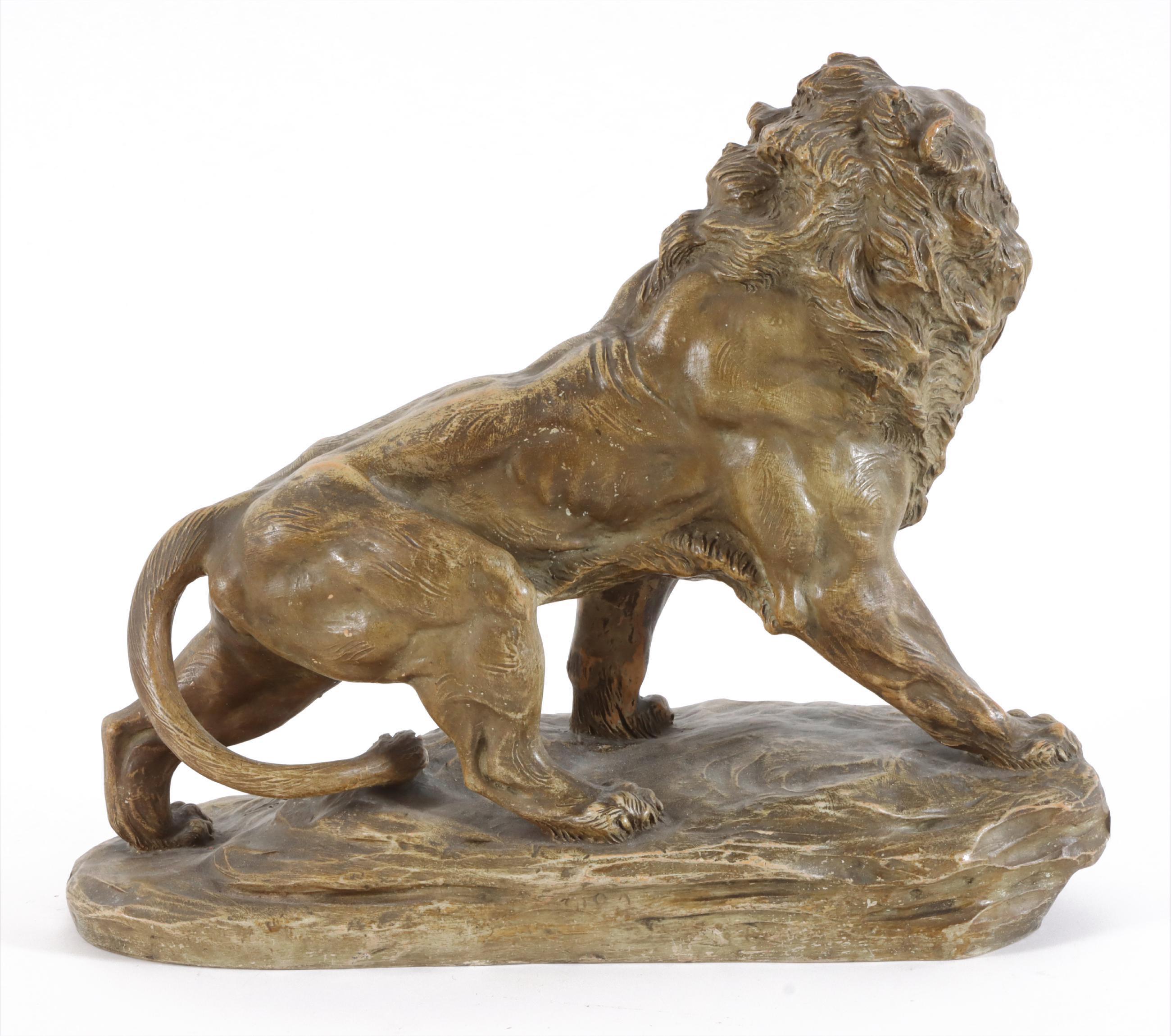 italien Sculpture en terre cuite d'un lion:: signée Armand Fagotto:: vers 1900 en vente