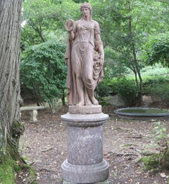 Italian Terracotta Statue of Flora, Goddess of Spring, on Marble Pedestal
