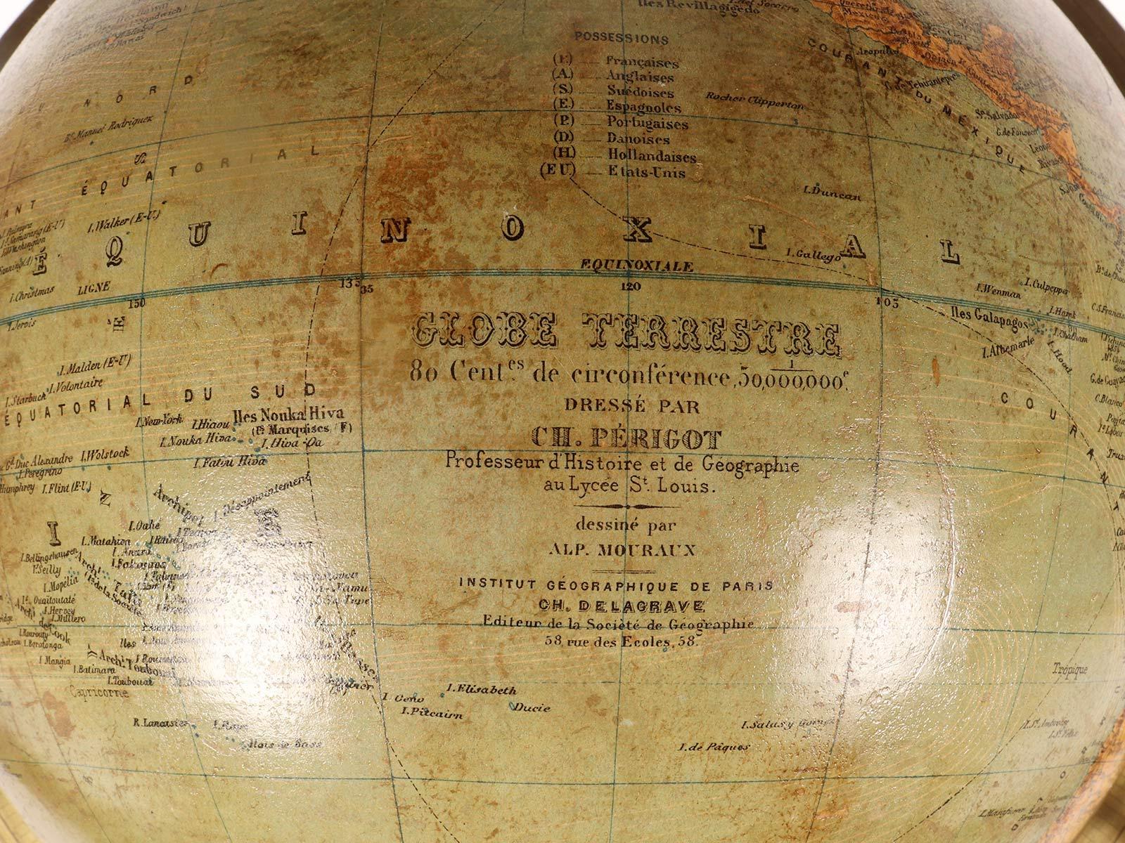 A terrestral globe signed Périgot, published by Delagrave, Paris 1880. For Sale 5