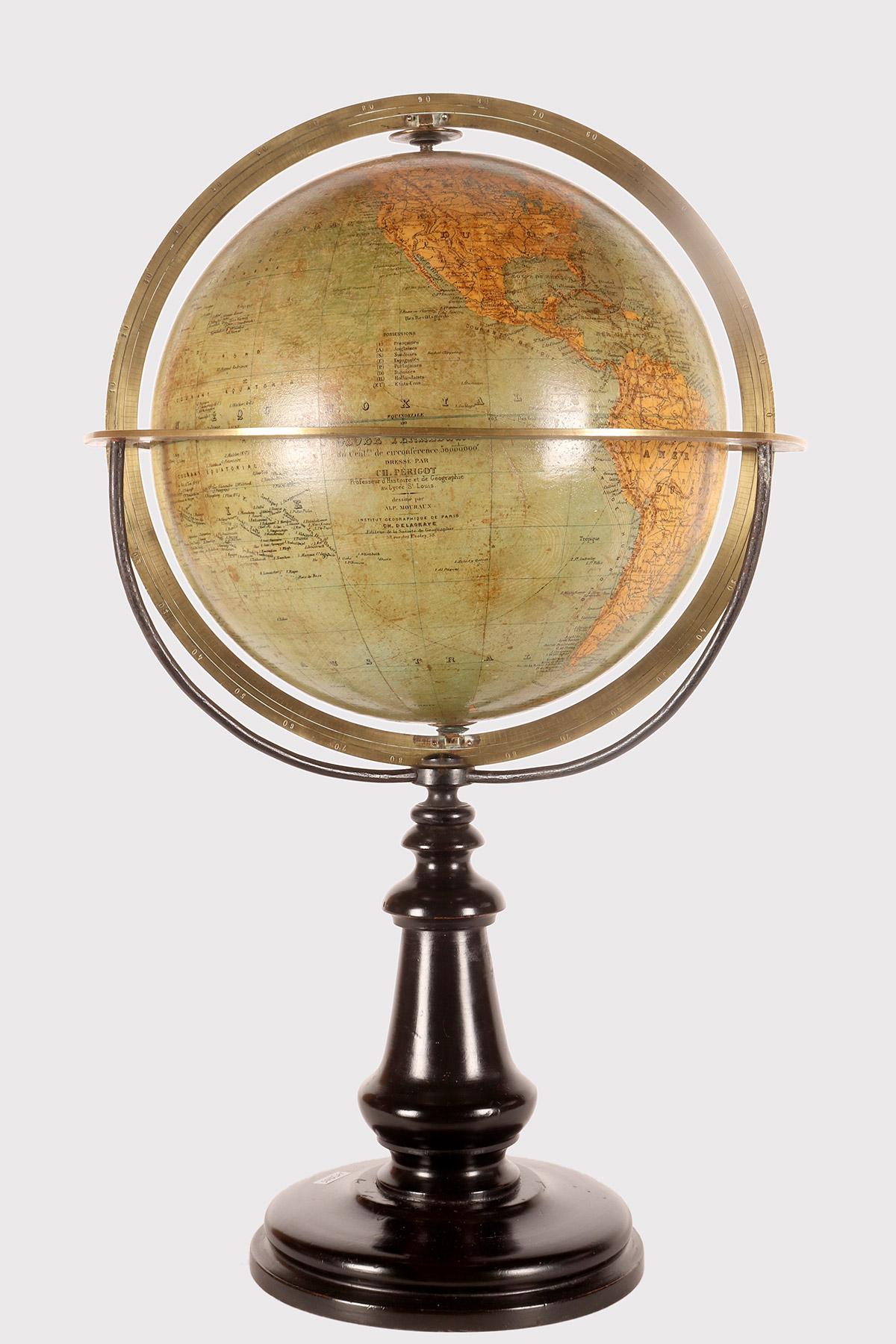 A Medium-sized terrestrial globe, made of papier-mâché, finished with pastille and completed by the application of paper spindles imprinted with intaglio printing. Color touch-ups. The cartography is by Ch. Périgot, based on Alp's drawings. Mouraux.