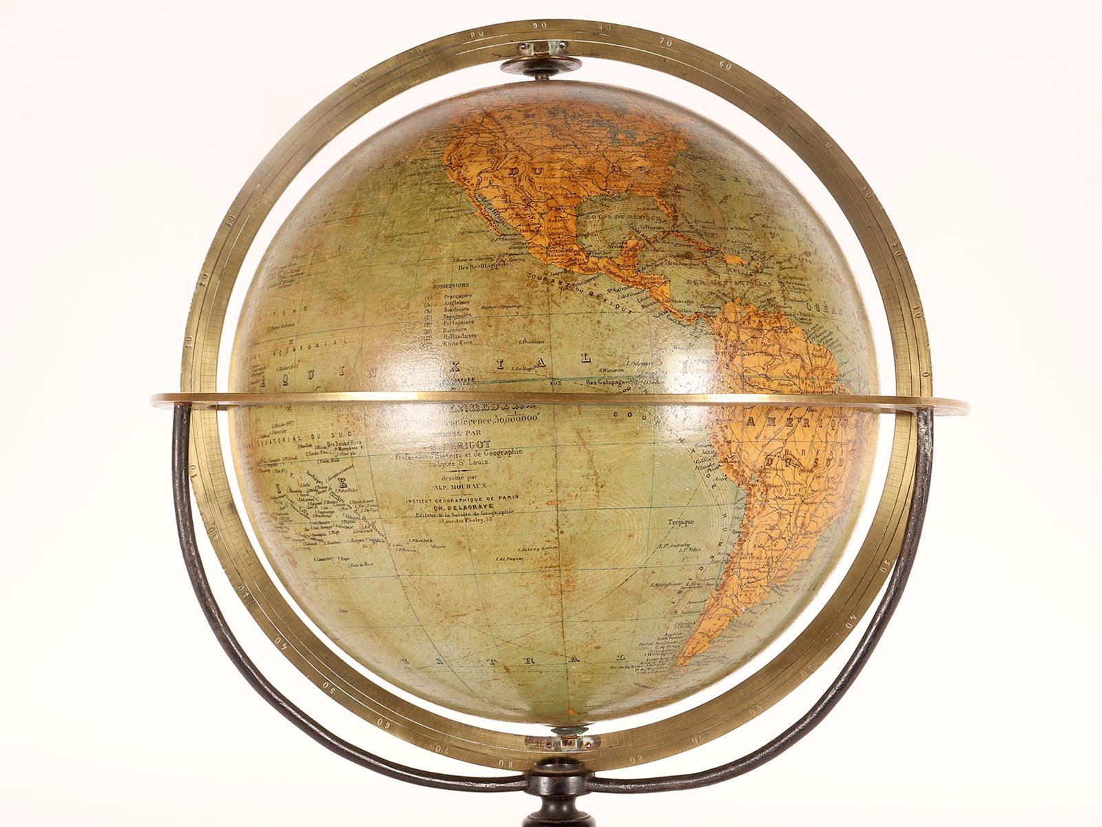 French A terrestral globe signed Périgot, published by Delagrave, Paris 1880. For Sale