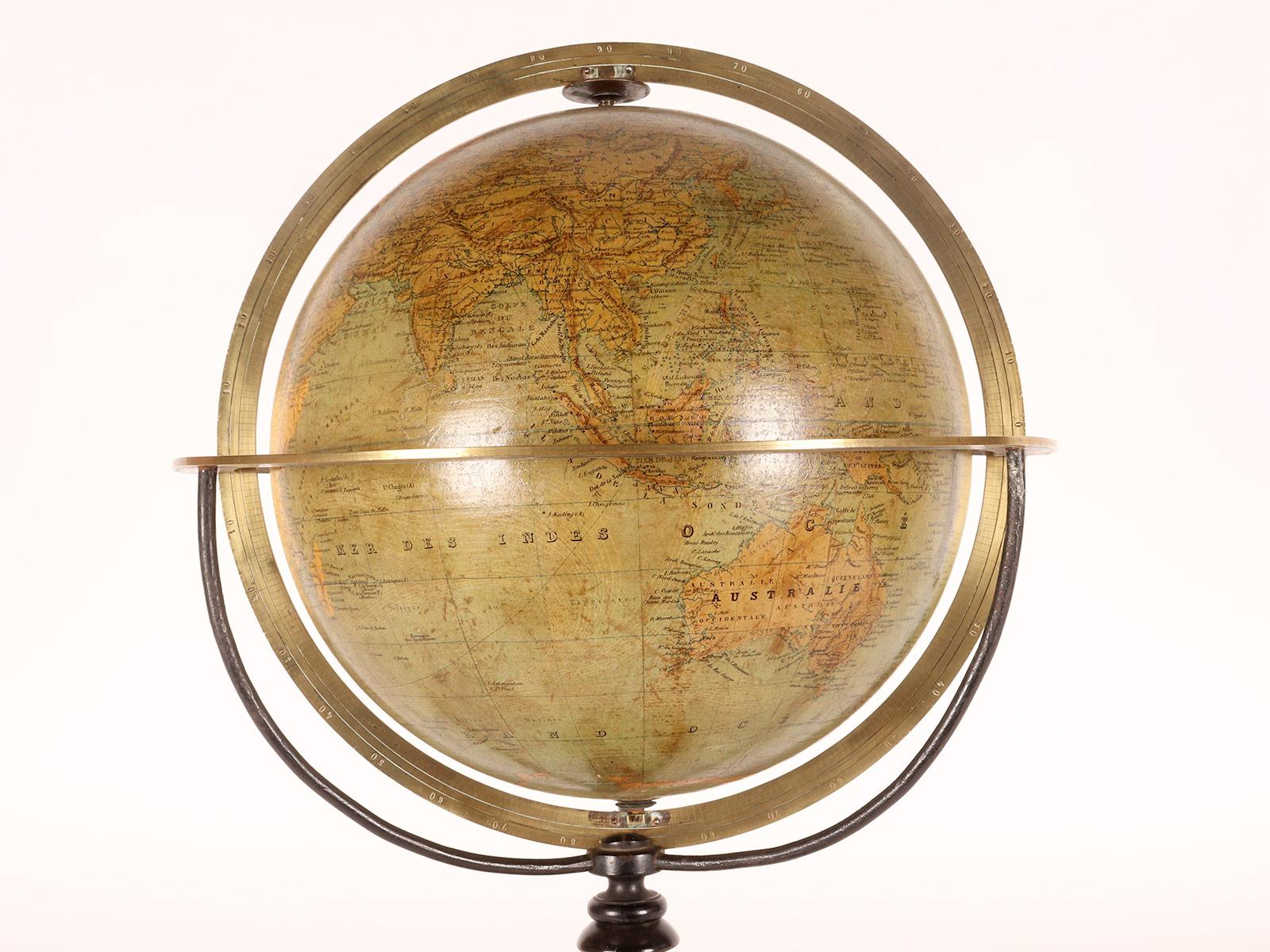Brass A terrestral globe signed Périgot, published by Delagrave, Paris 1880. For Sale
