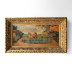A Terrier chasing a Papillon in a French Landscape, Original Naive Oil on Canvas