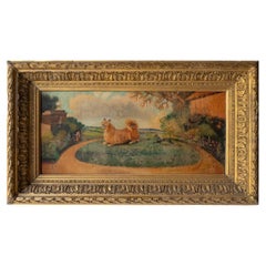 Un terrier chassant un papillon dans un paysage français, huile sur toile naïve d'origine