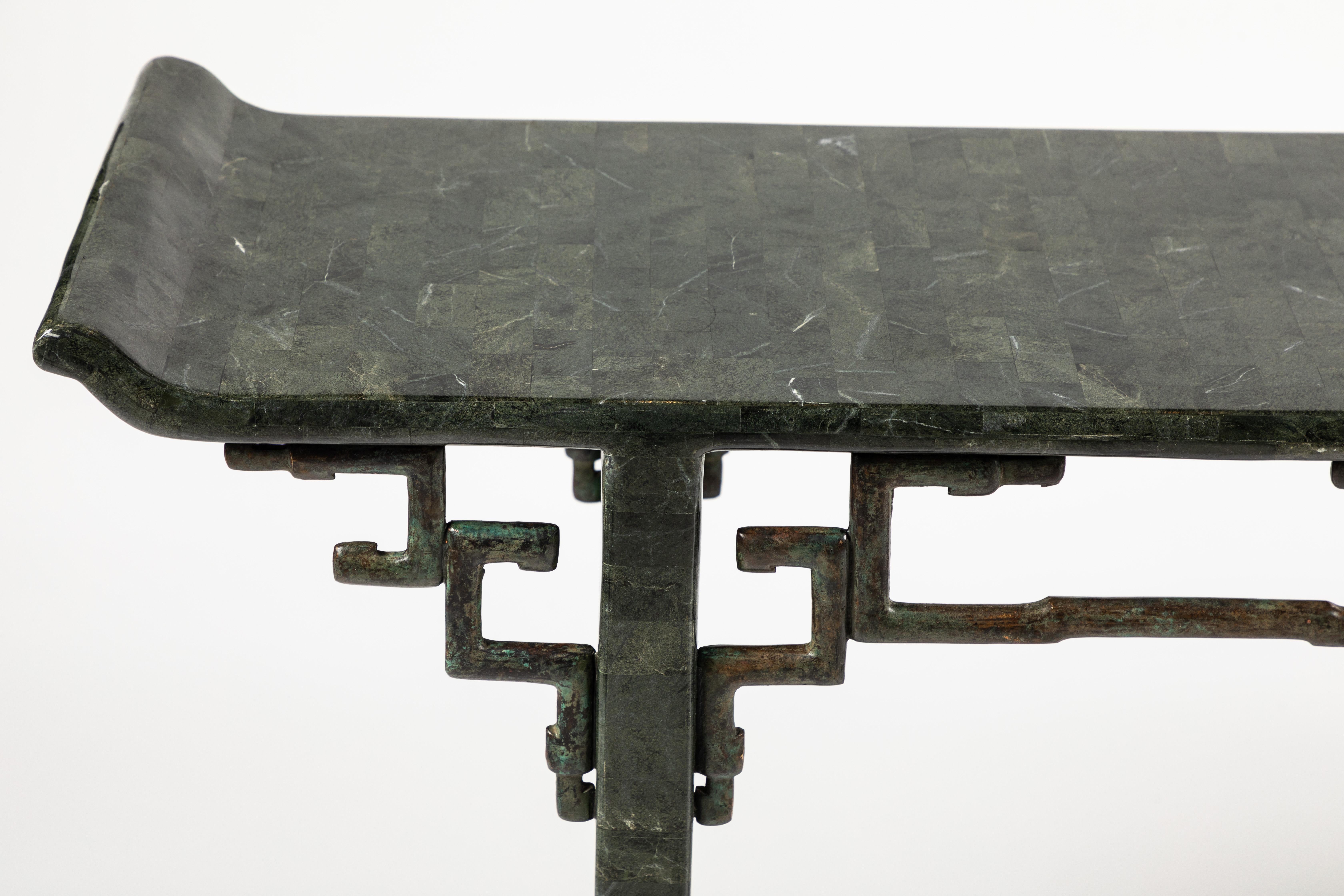 Chinoiserie Tessellated Stone and Bronze Console Table by Maitland-Smith