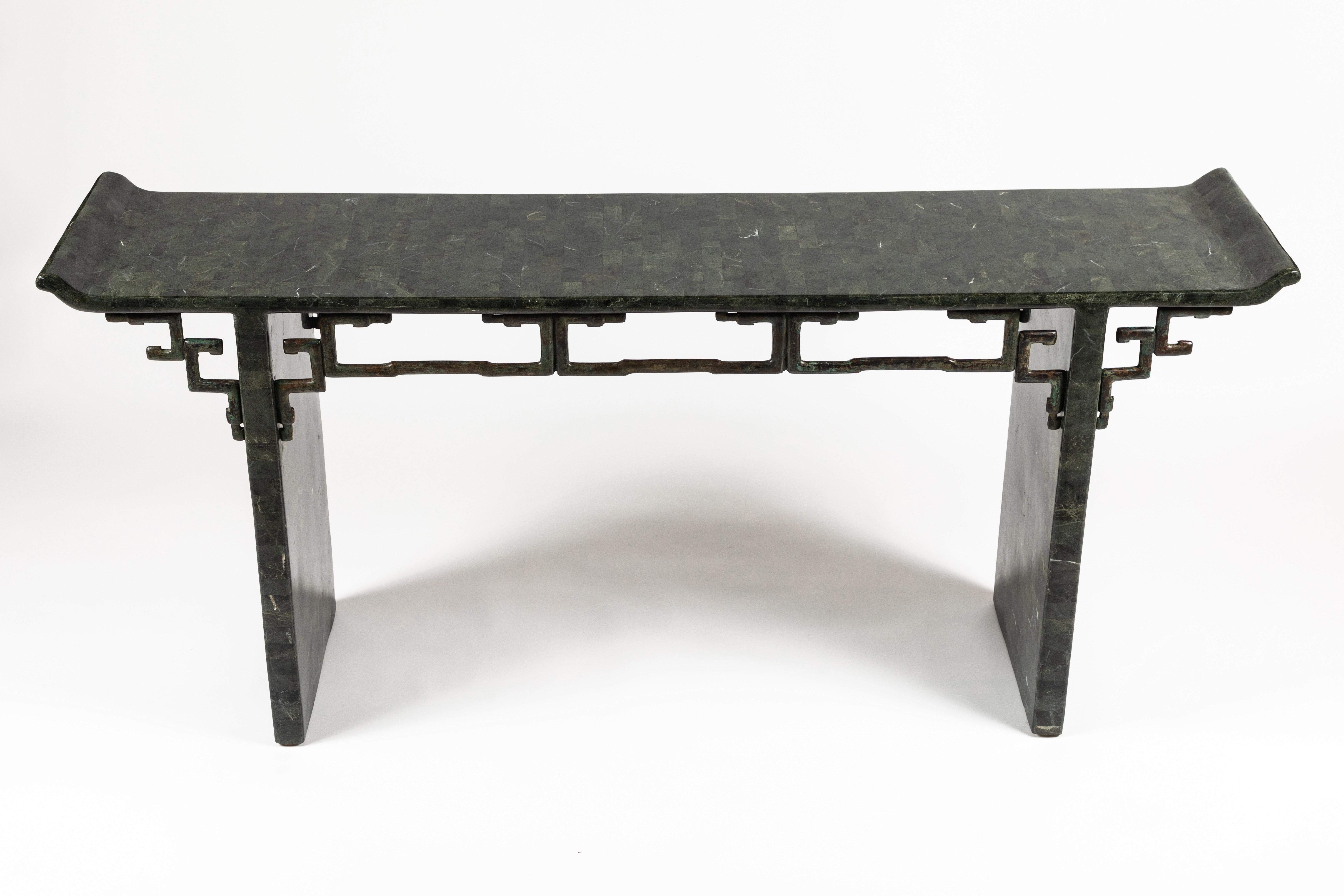 Tessellated Stone and Bronze Console Table by Maitland-Smith In Good Condition In Palm Desert, CA