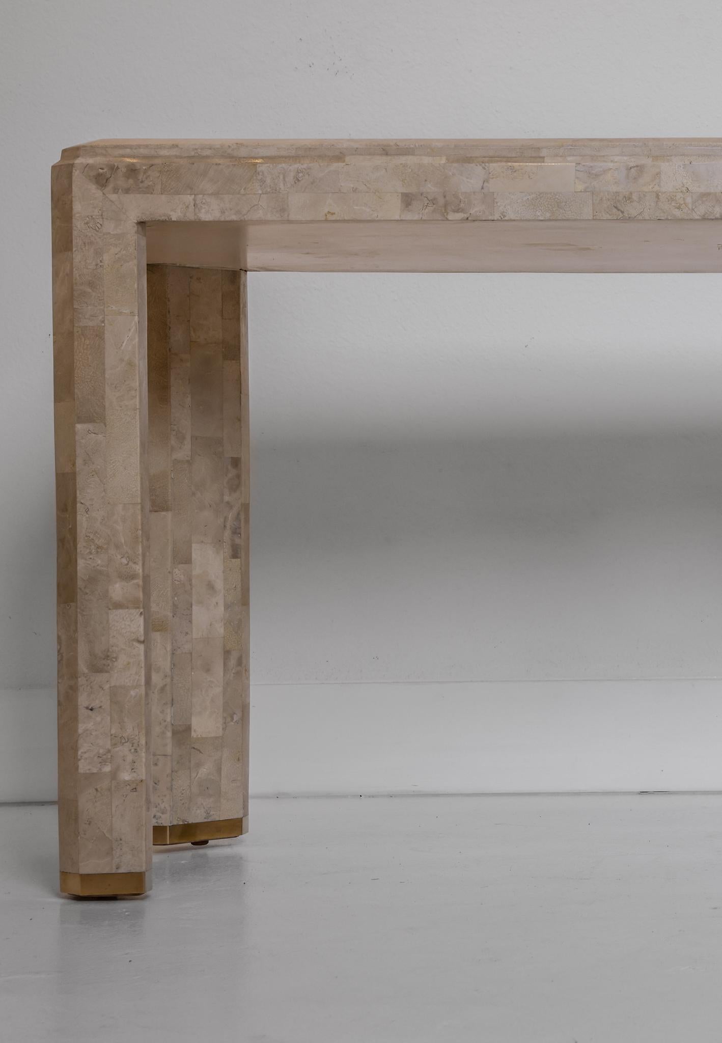 Mid-Century Modern Tessellated Stone Veneered Console with Brass Details
