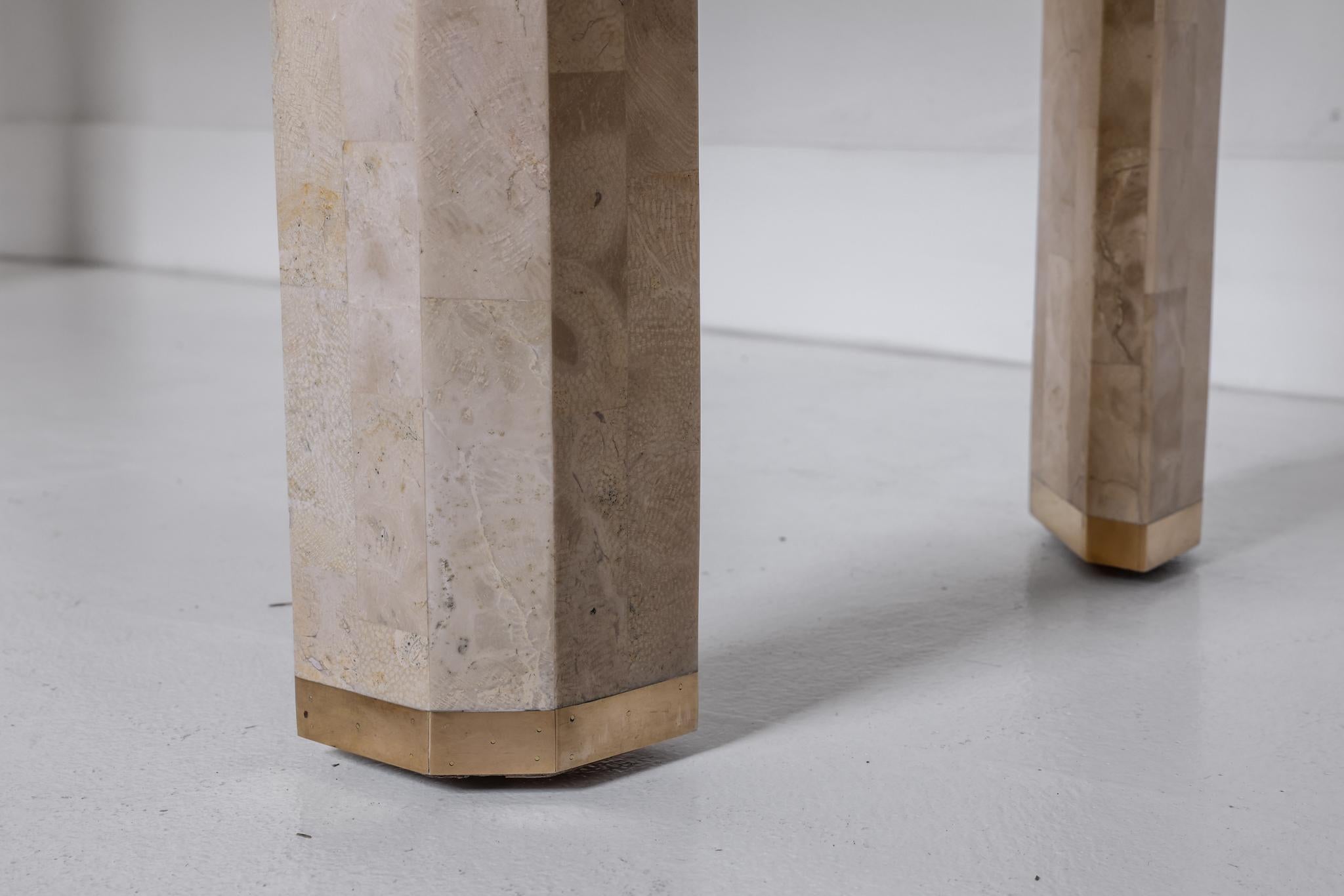 Tessellated Stone Veneered Console with Brass Details In Good Condition In Palm Desert, CA