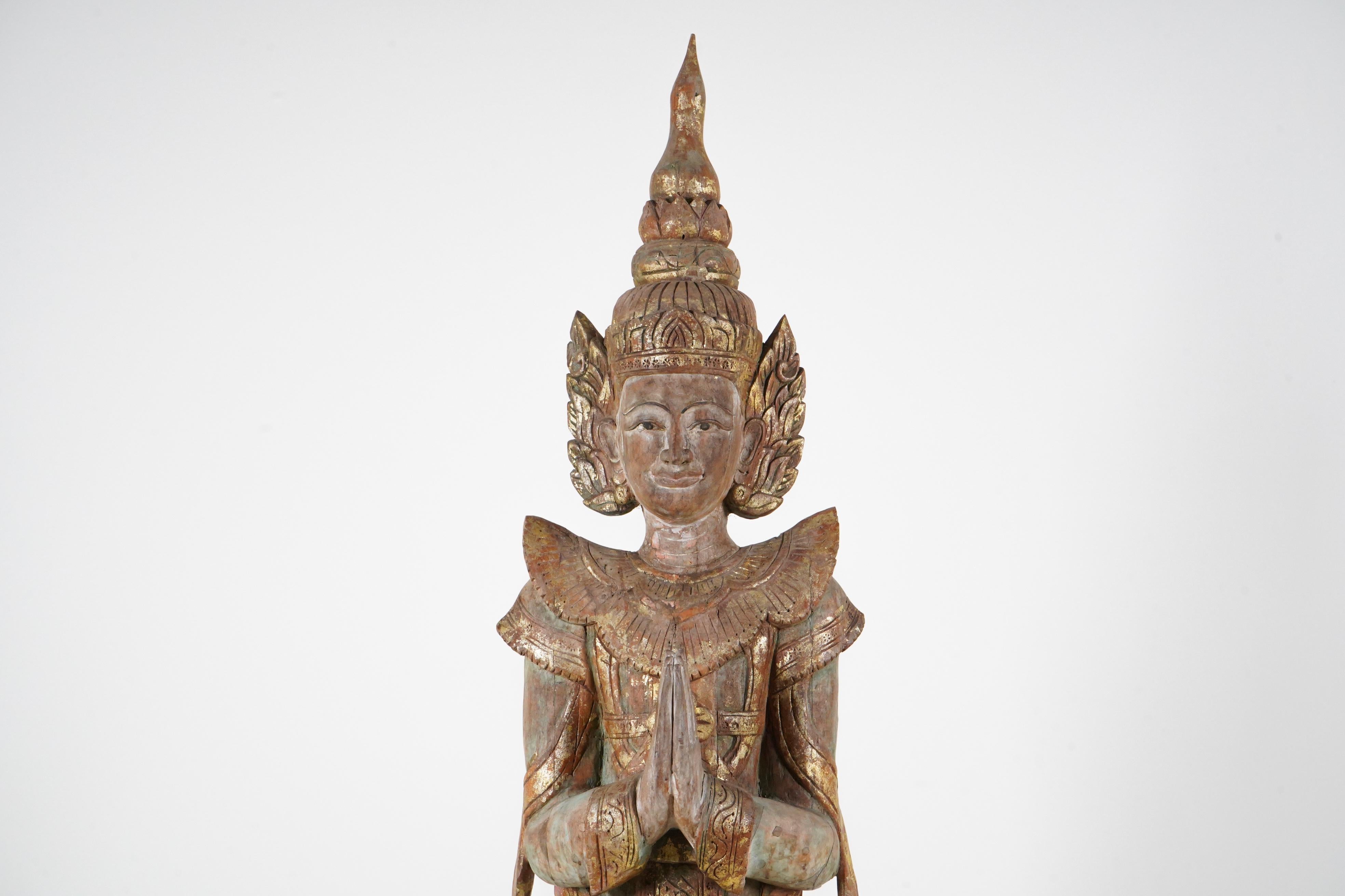 A Thai Carved Teak Wood Sculpture of a Greeting Angel In Good Condition In Chicago, IL