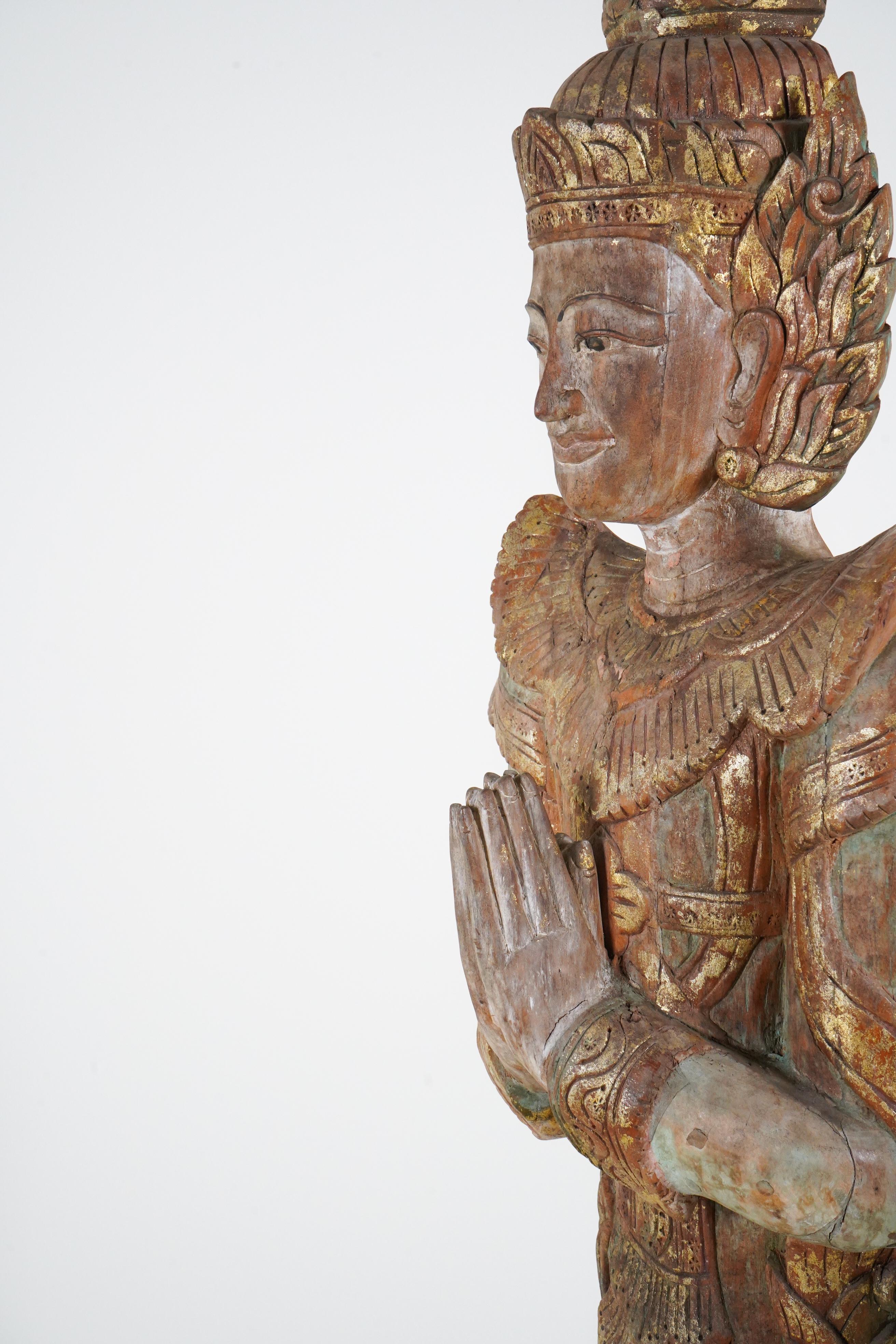 A Thai Carved Teak Wood Sculpture of a Greeting Angel 2
