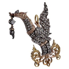 Thai Gold and Diamond Set Celestial Swan Pendant Brooch