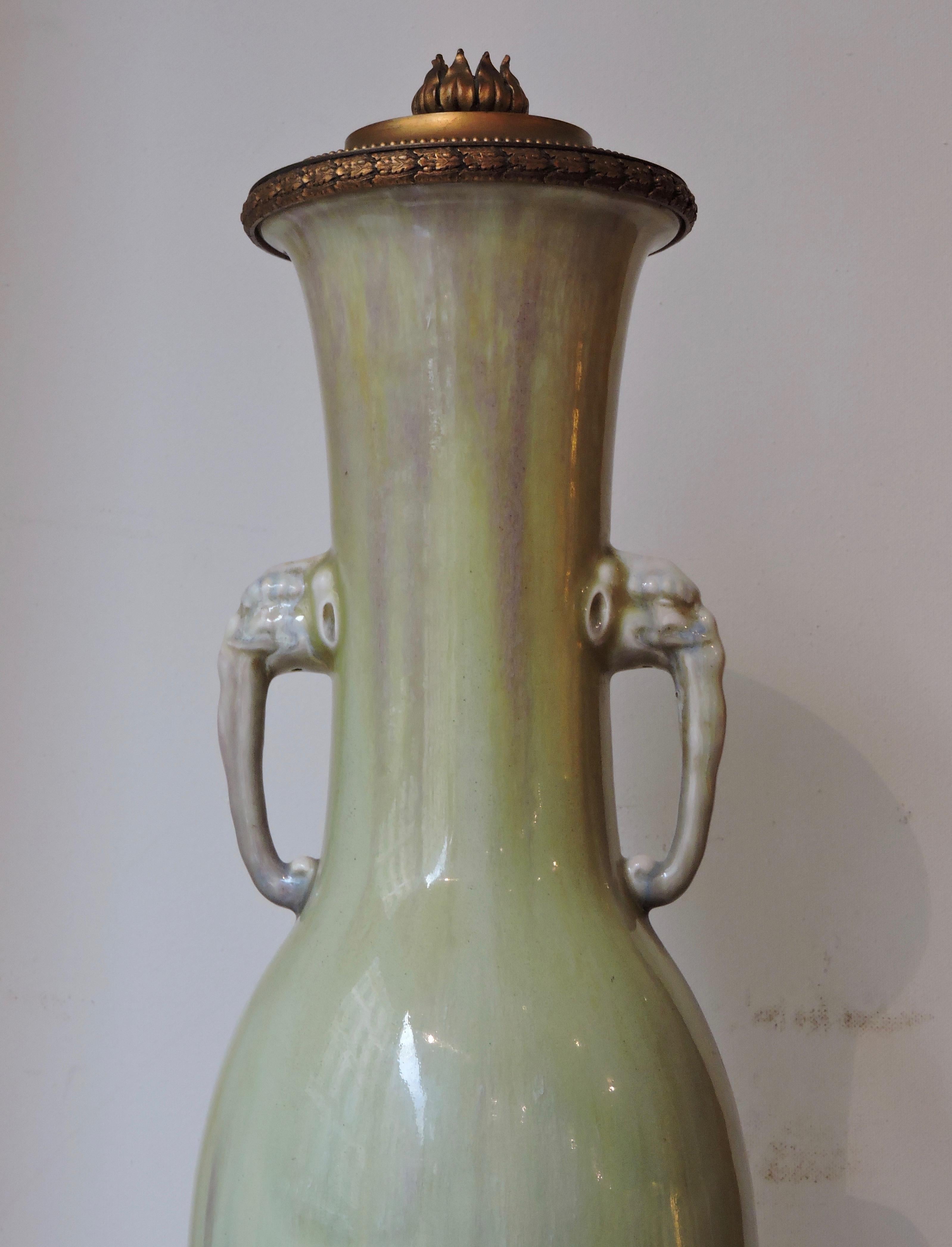 Japonisme A Theodore Deck Celadon Enamelled Faience Vase Ormolu-Mounted in Lamp