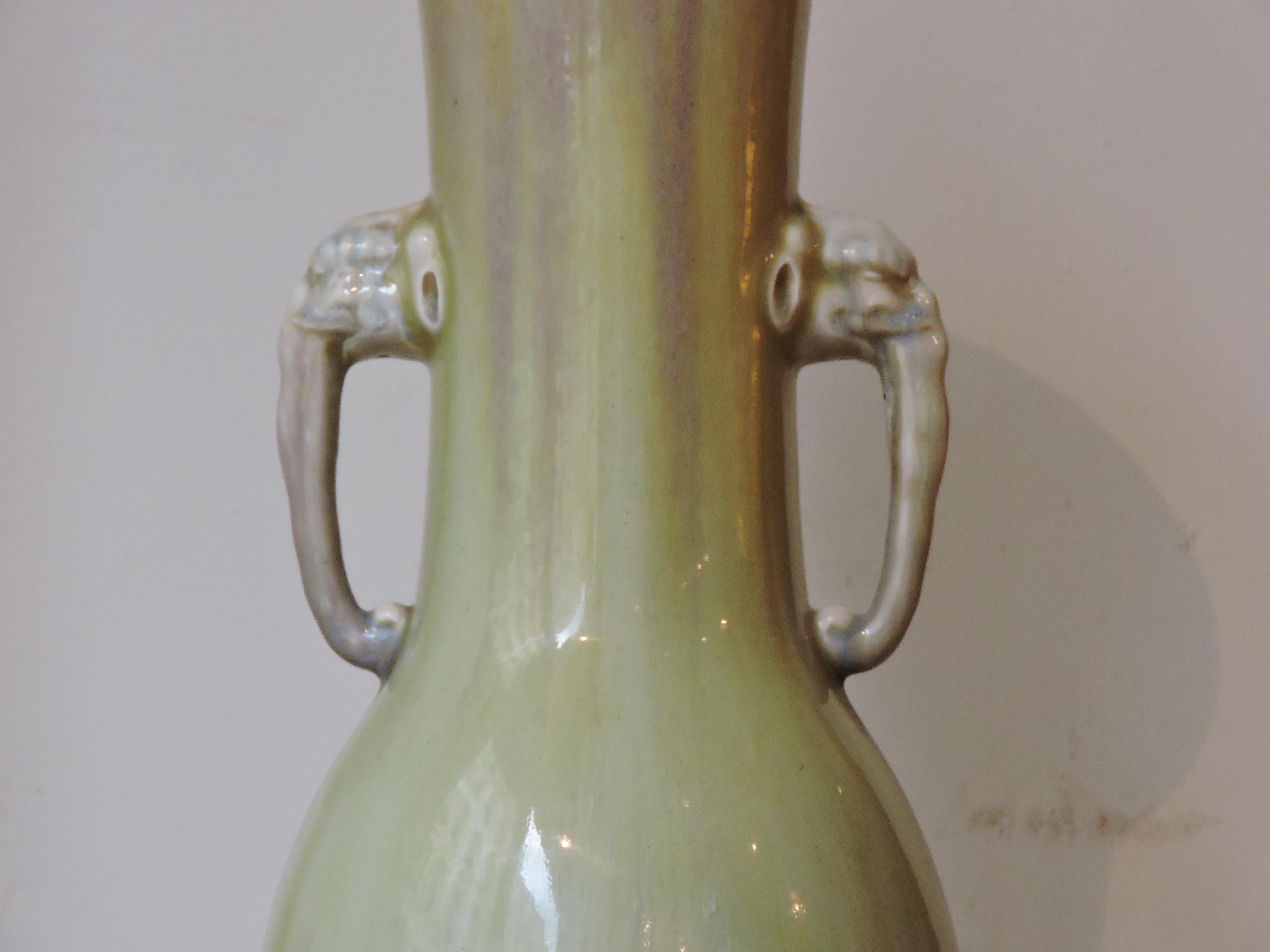 French A Theodore Deck Celadon Enamelled Faience Vase Ormolu-Mounted in Lamp