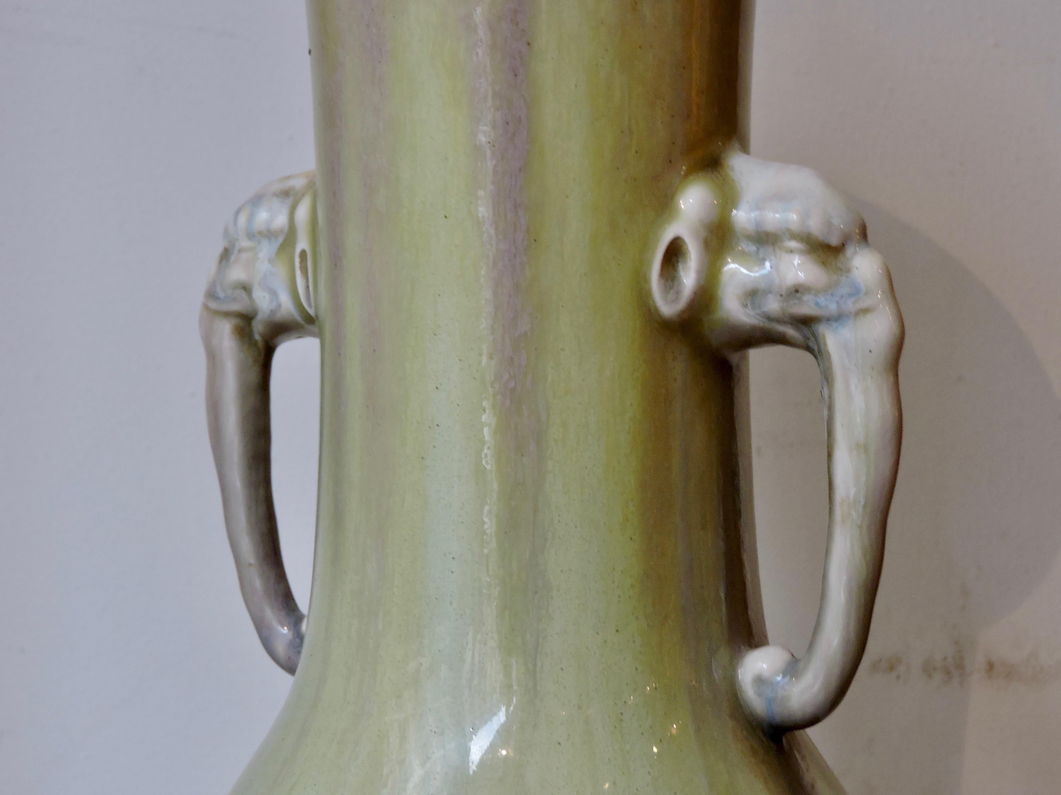 Enameled A Theodore Deck Celadon Enamelled Faience Vase Ormolu-Mounted in Lamp