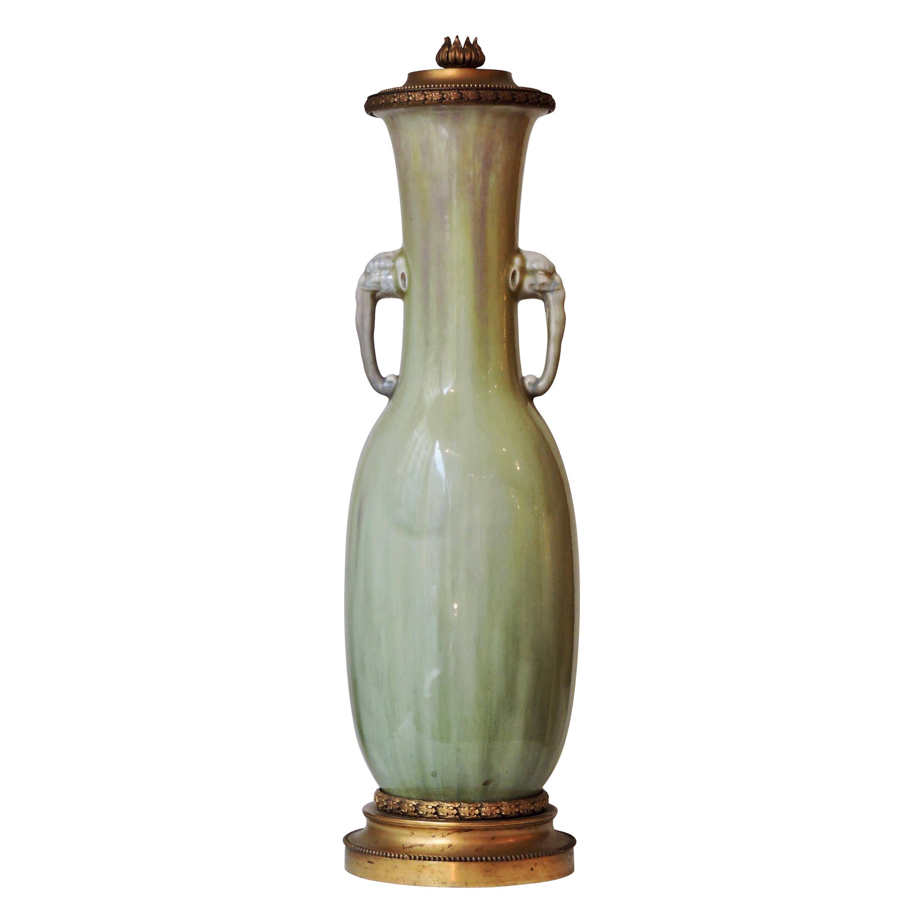 A Theodore Deck Celadon Enamelled Faience Vase Ormolu-Mounted in Lamp