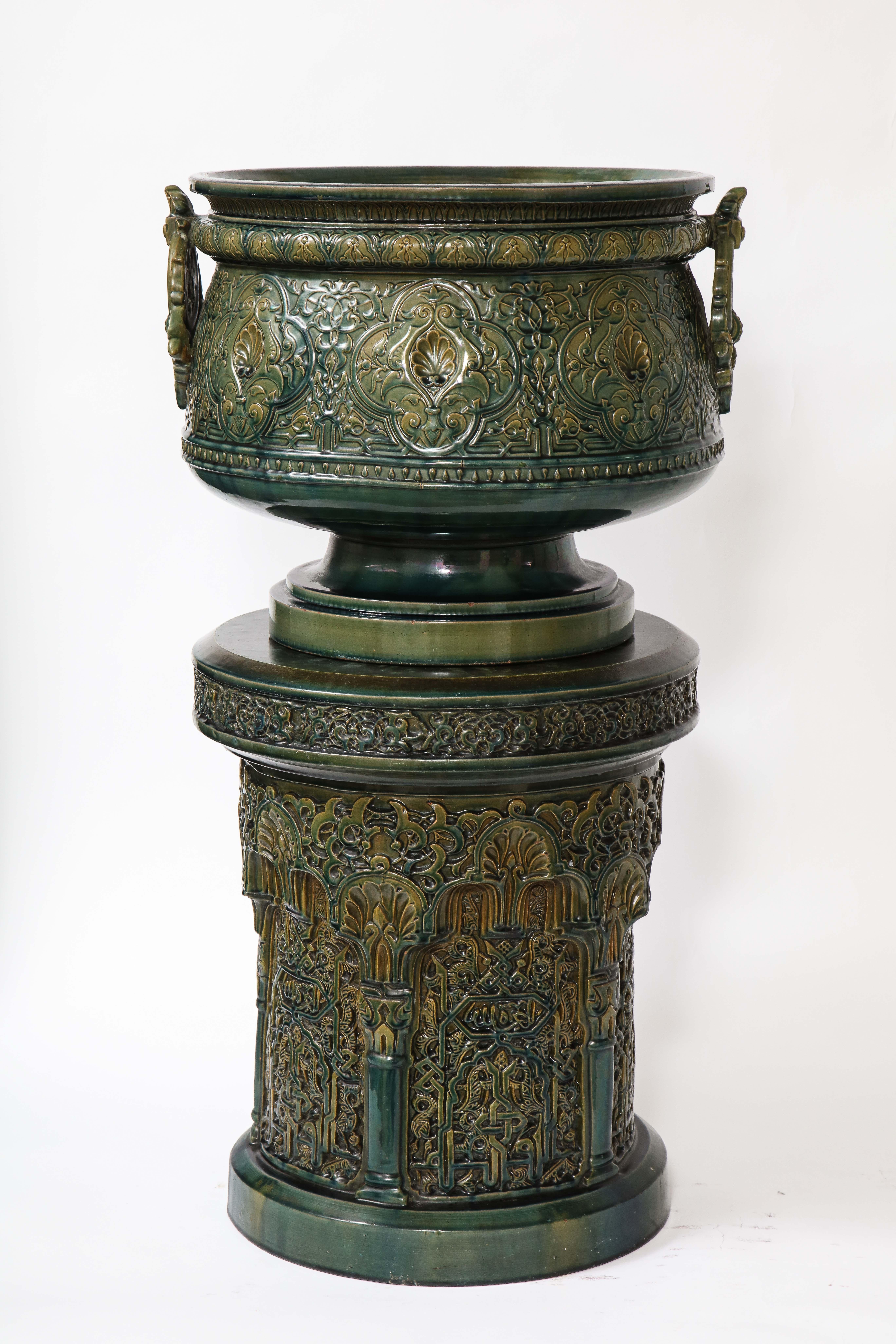 A Monumental Exceptionally Made Islamic style green glazed earthenware three-piece vase and pedestal centerpiece. This is an extraordinary earthenware vase signed by the great maker Theodore deck. Of the many fantastic pieces he has made and we have