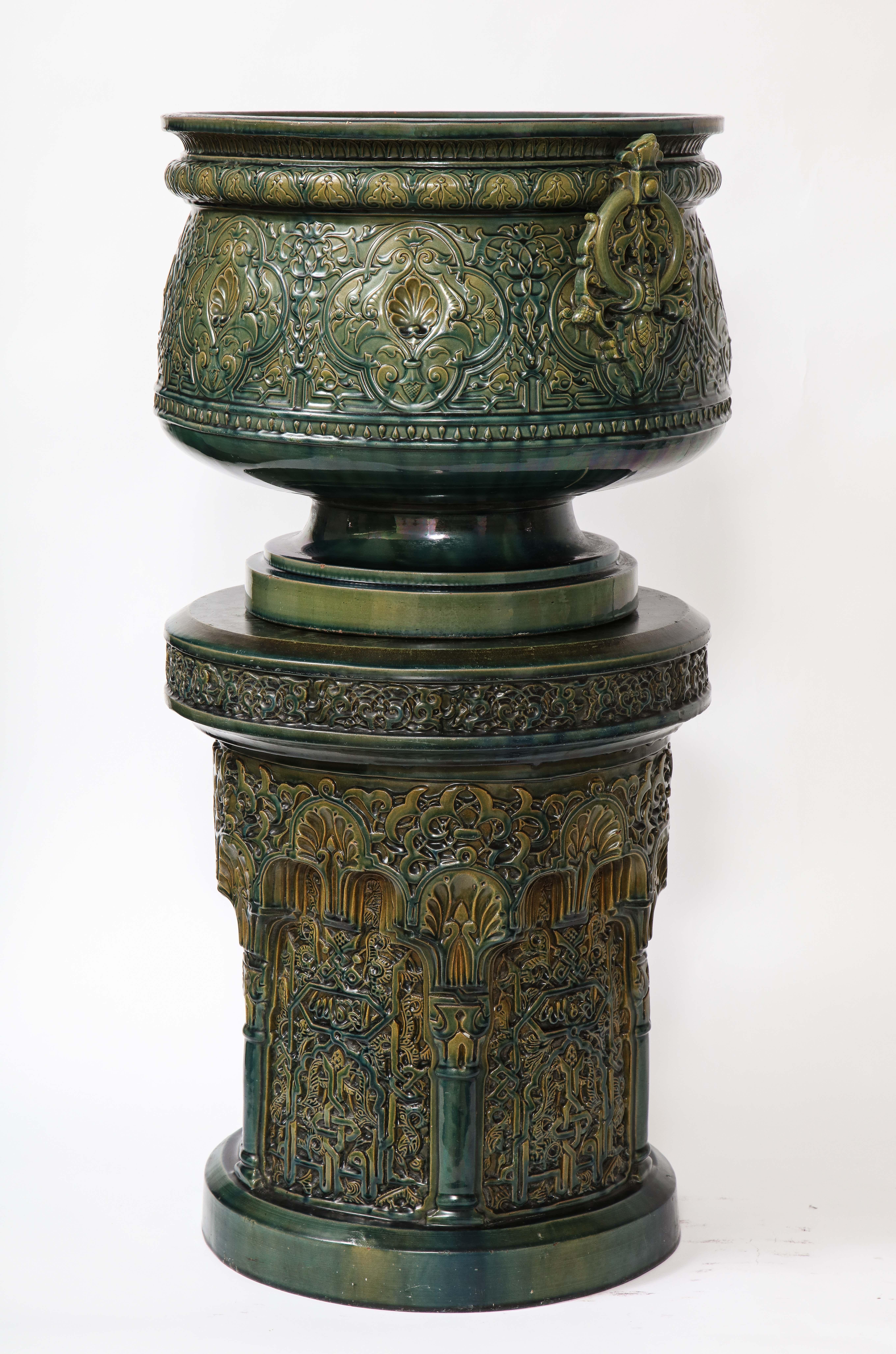 French Theodore Deck Islamic/Alhambra Style Green-Glazed Earthenware Vase on Pedestal