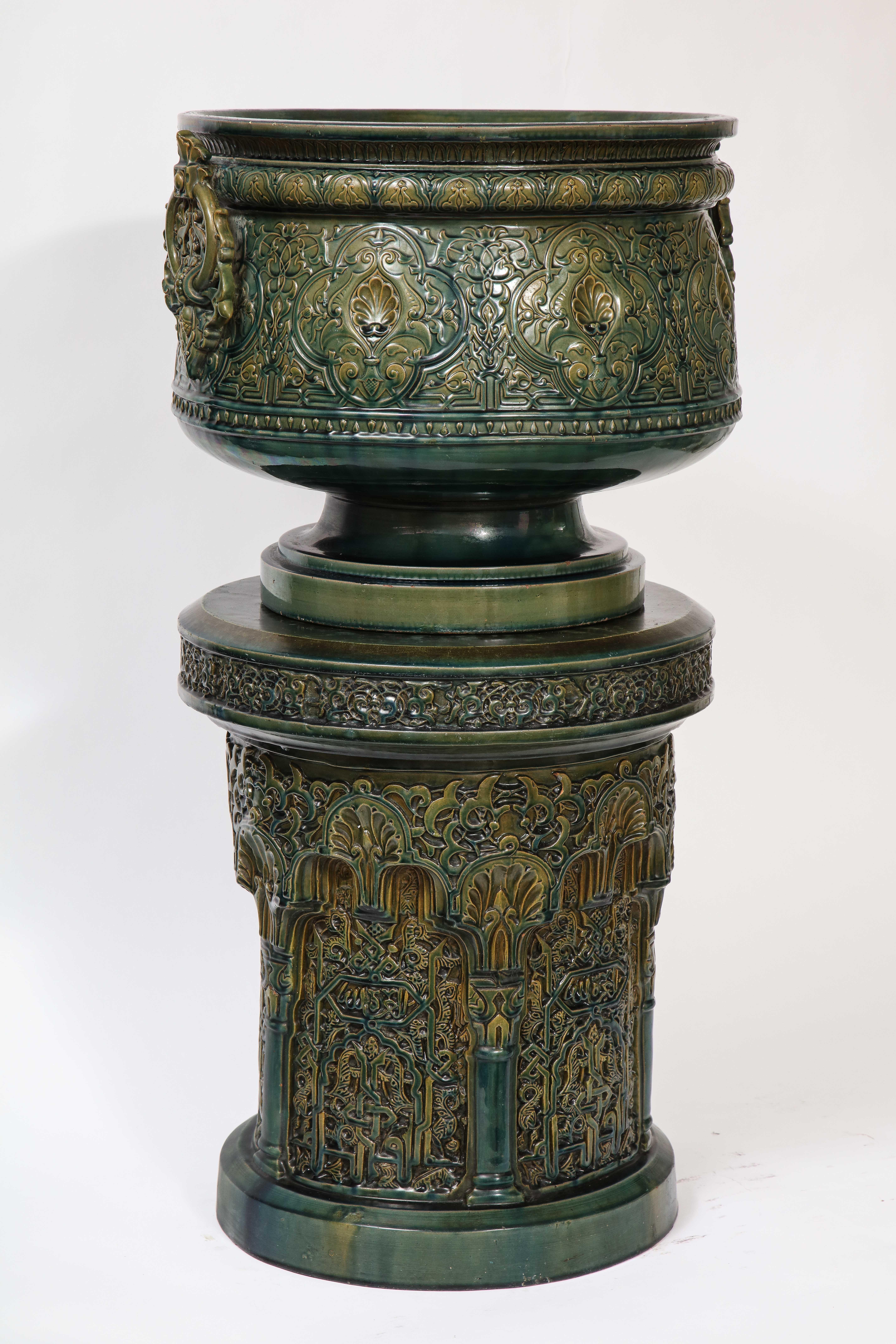 Theodore Deck Islamic/Alhambra Style Green-Glazed Earthenware Vase on Pedestal In Good Condition In New York, NY