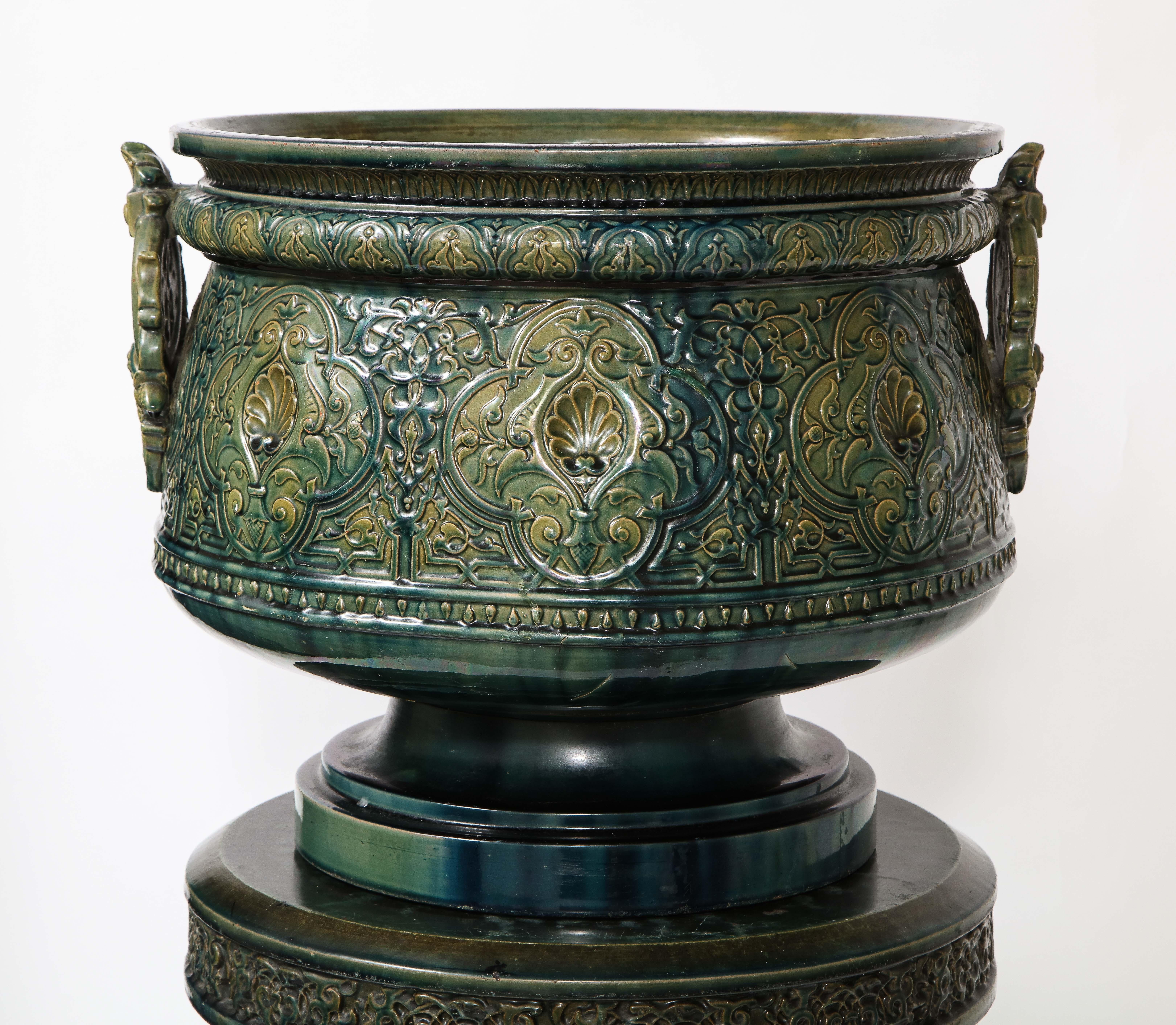 Theodore Deck Islamic/Alhambra Style Green-Glazed Earthenware Vase on Pedestal 1