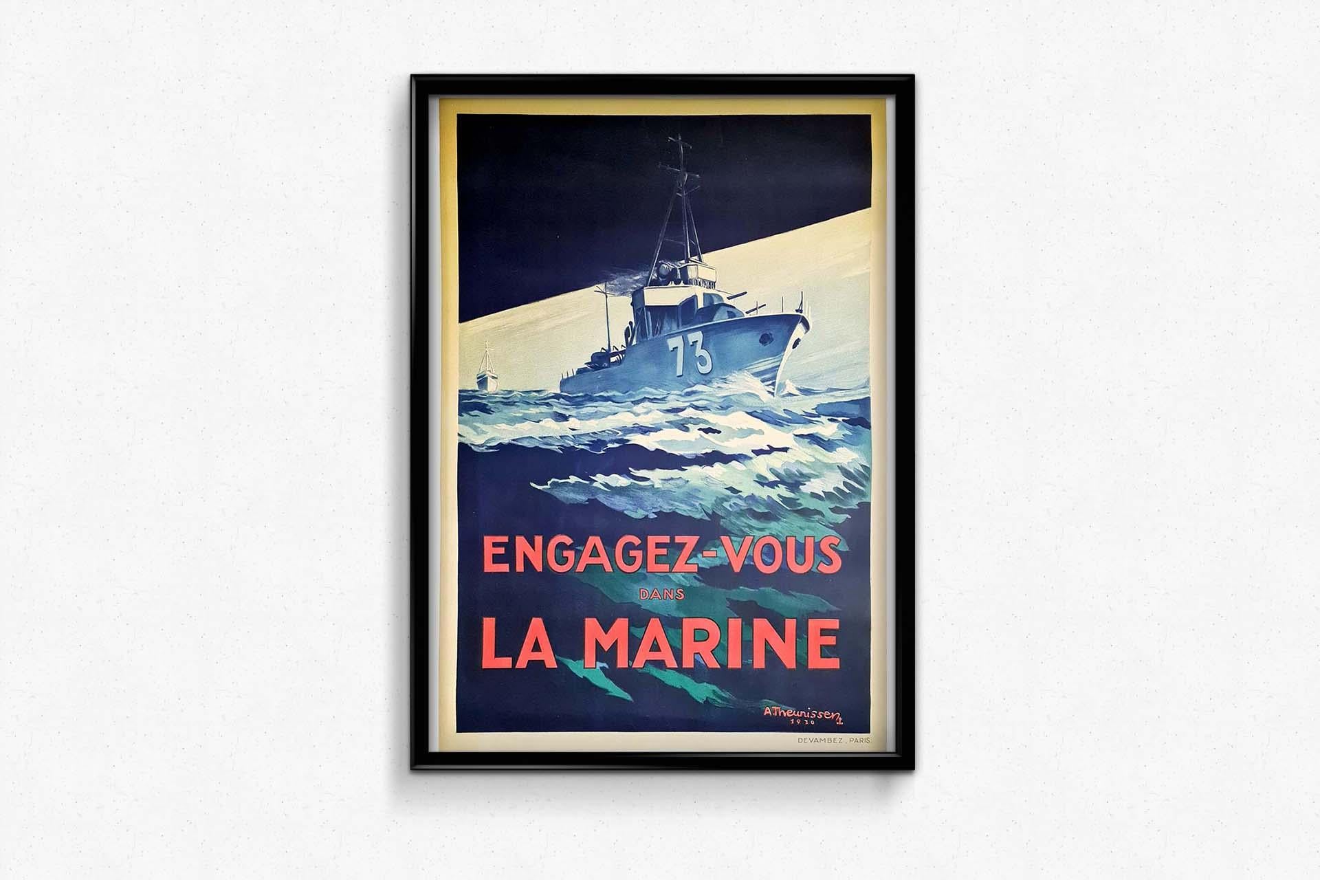 Affiche originale de recrutement militaire naval vintage Engagez-vous dans la Marine / Join the Navy présentant l'œuvre d'art dynamique d'un navire de guerre en mer avec le numéro 73 marqué sur le côté du navire et le titre en lettres rouges