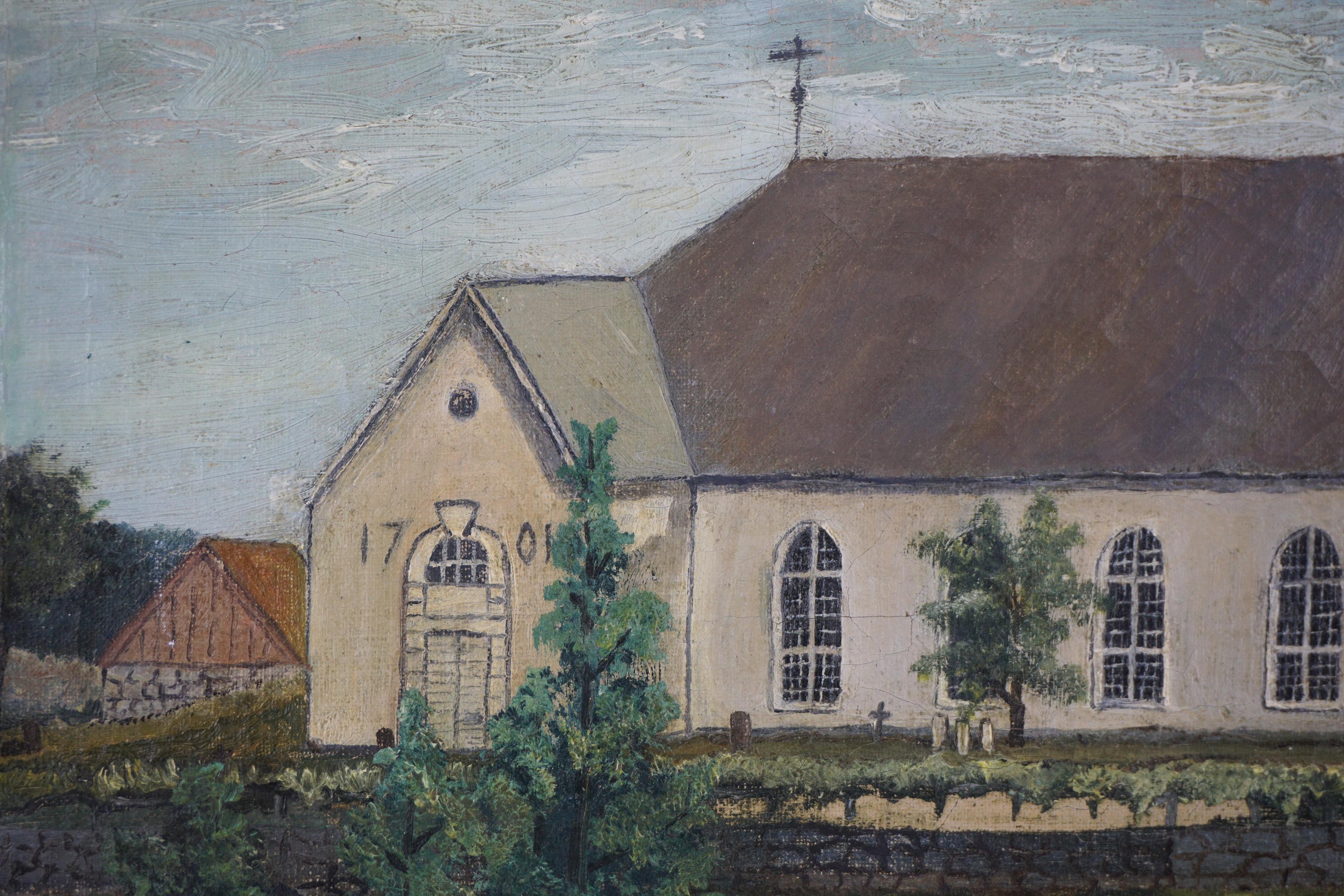 Pittura a olio di arte popolare europea dei primi del XIX secolo - Chiesa di Osby, Svezia - Landscape Painting Grigio di A. Thibodeau
