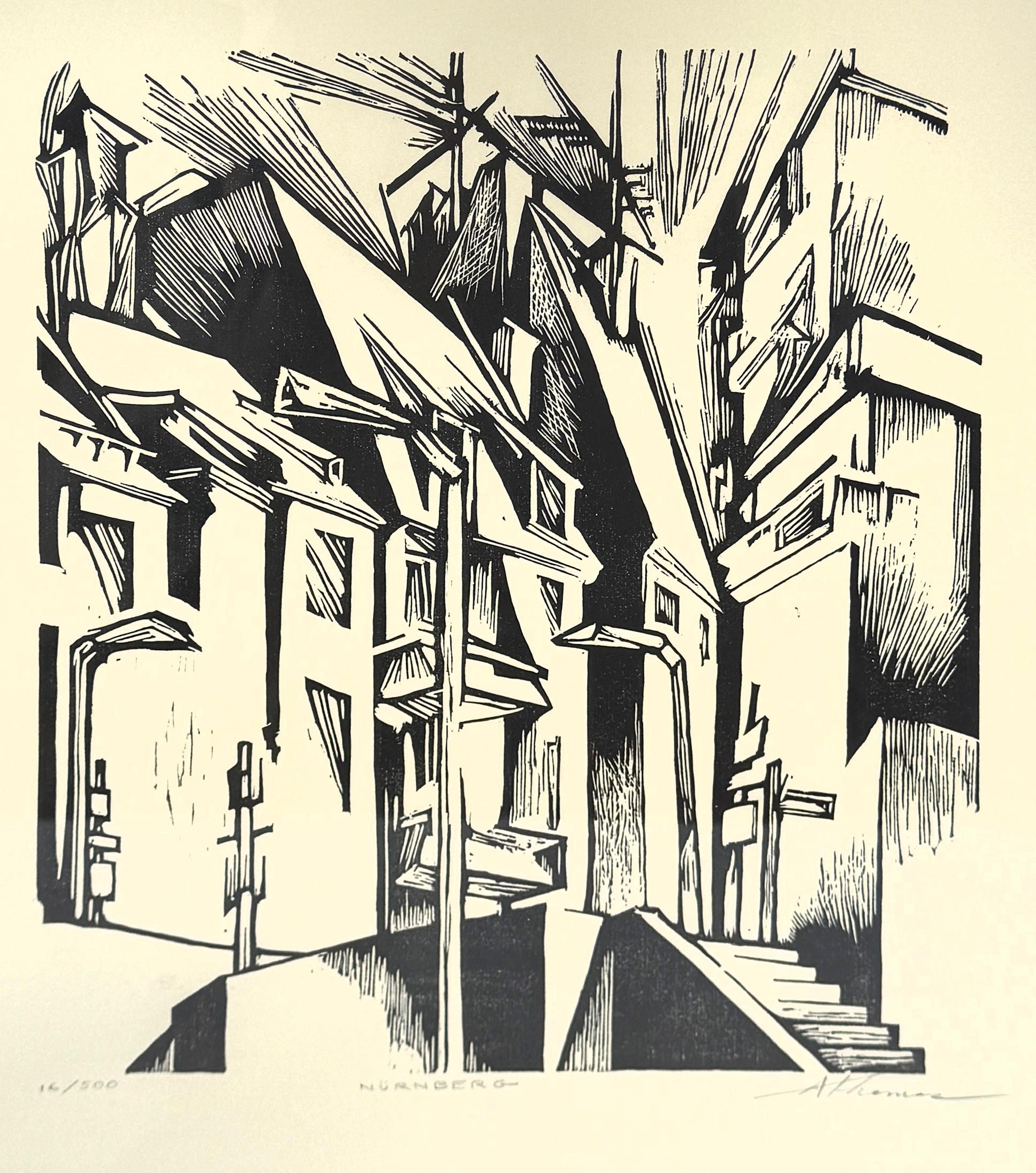 The image shows an abstract, black and white block print in the style of Lyonel Feininger of what appears to be a streetscape in Nuremberg, Germany. The style is reminiscent of early 20th-century Expressionism, with sharp angles and distorted