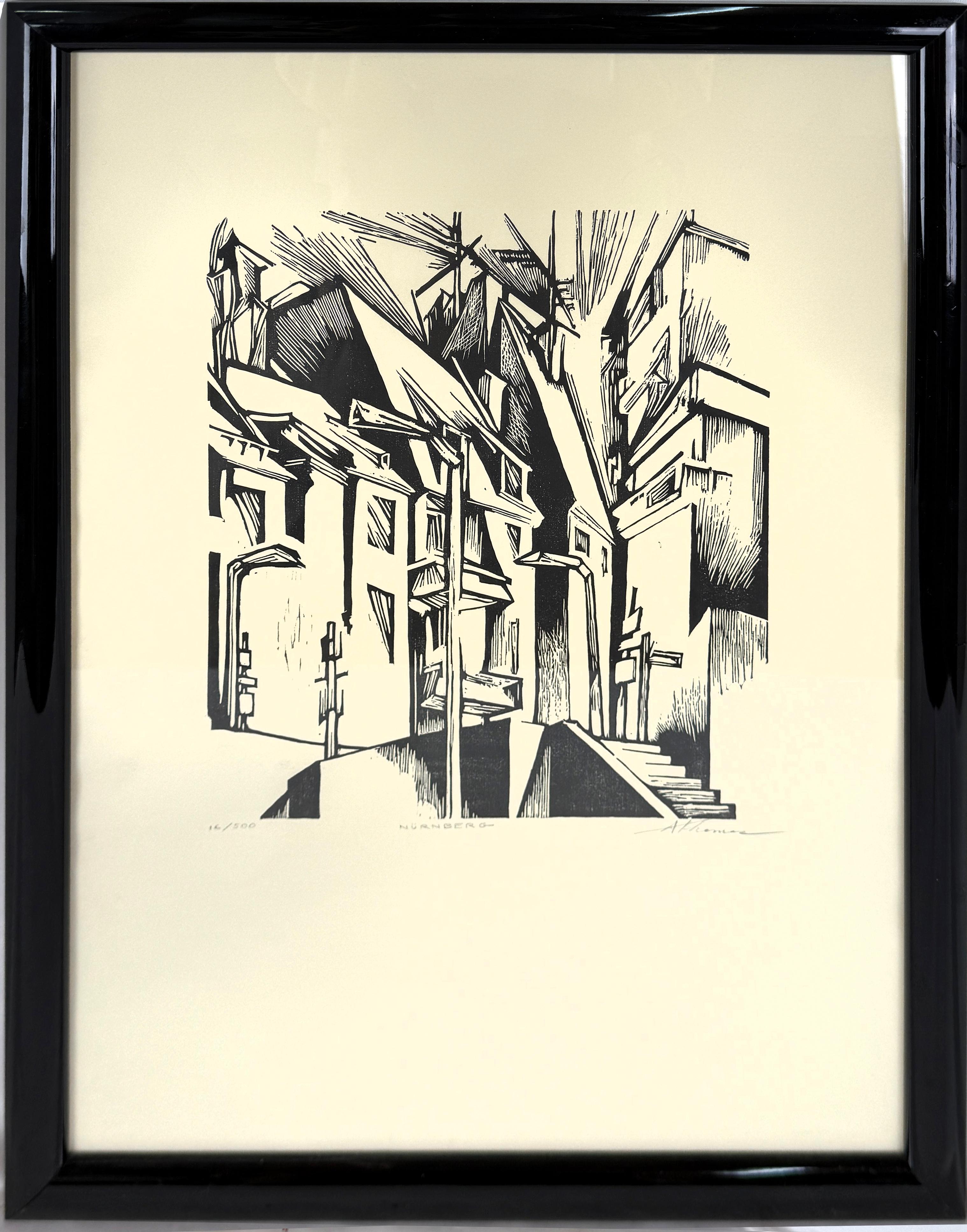 "Nurnberg" Woodcut Print of the Old City by A. Thomas style of Lyonel Feininger