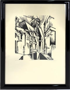 "Nurnberg" Woodcut Print of the Old City by A. Thomas style of Lyonel Feininger