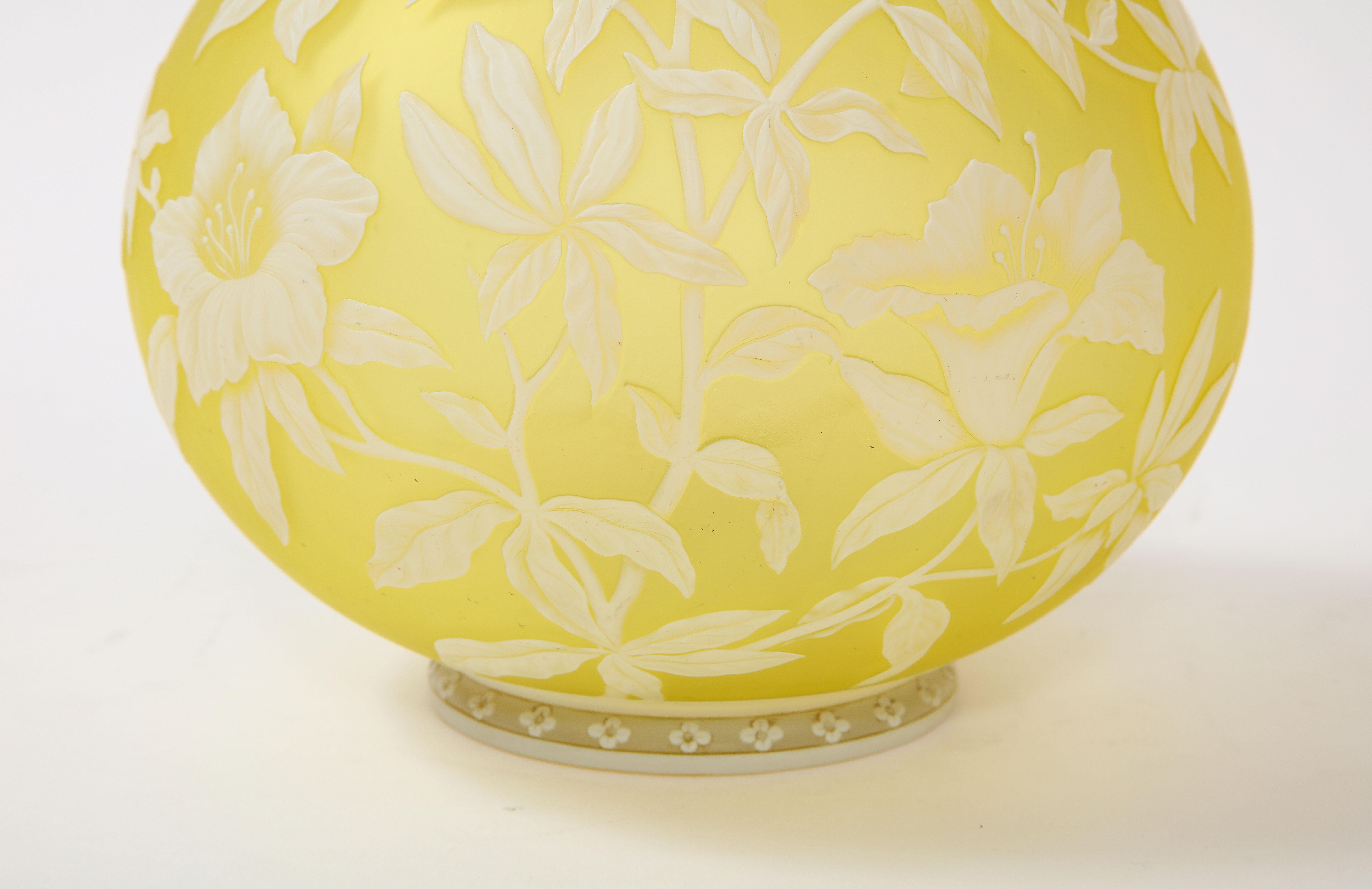 Glass Thomas Webb & Sons Double Overlaid White Over Yellow Etched & Acid Washed Vase For Sale