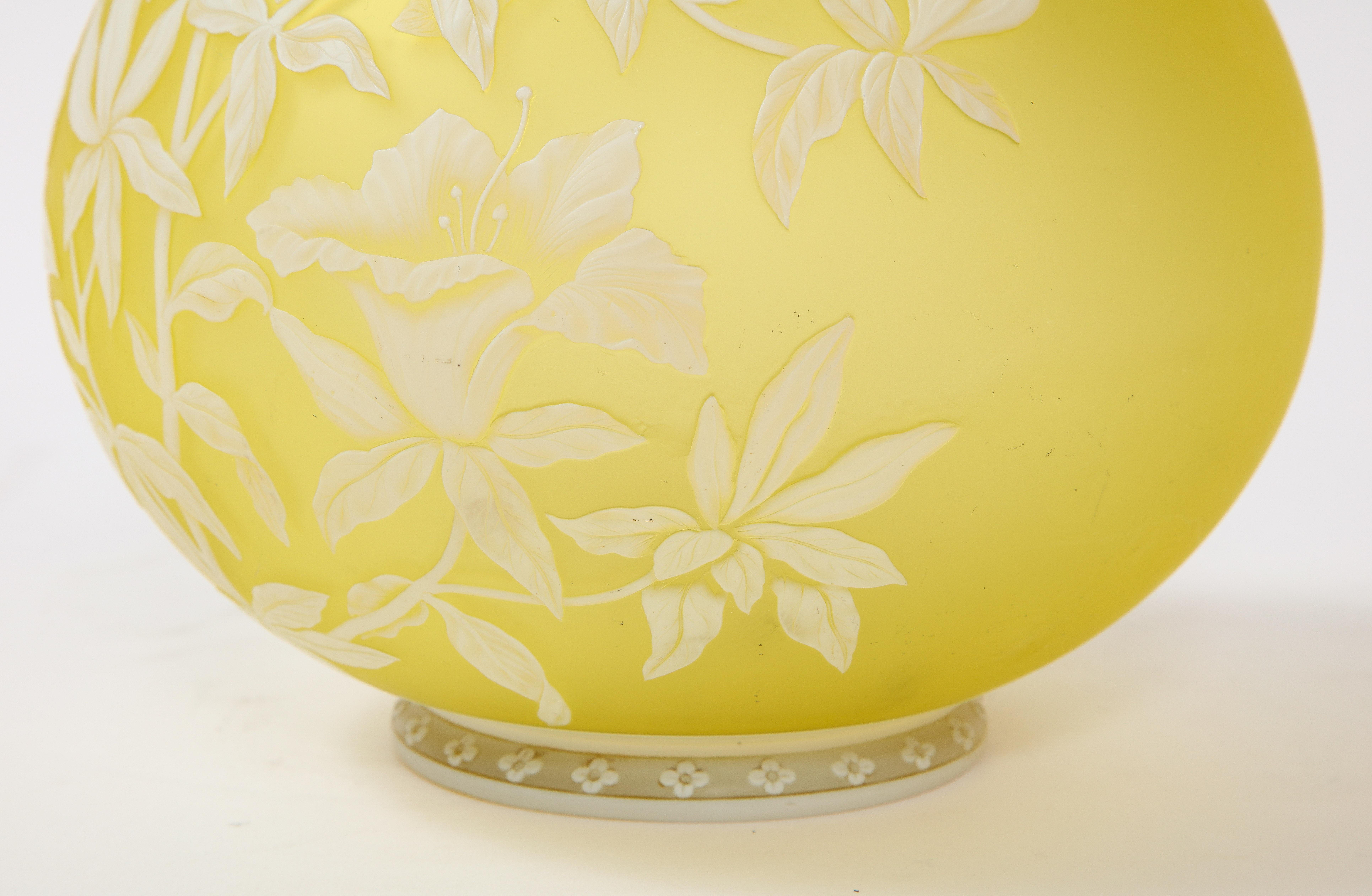 Thomas Webb & Sons Double Overlaid White Over Yellow Etched & Acid Washed Vase For Sale 1