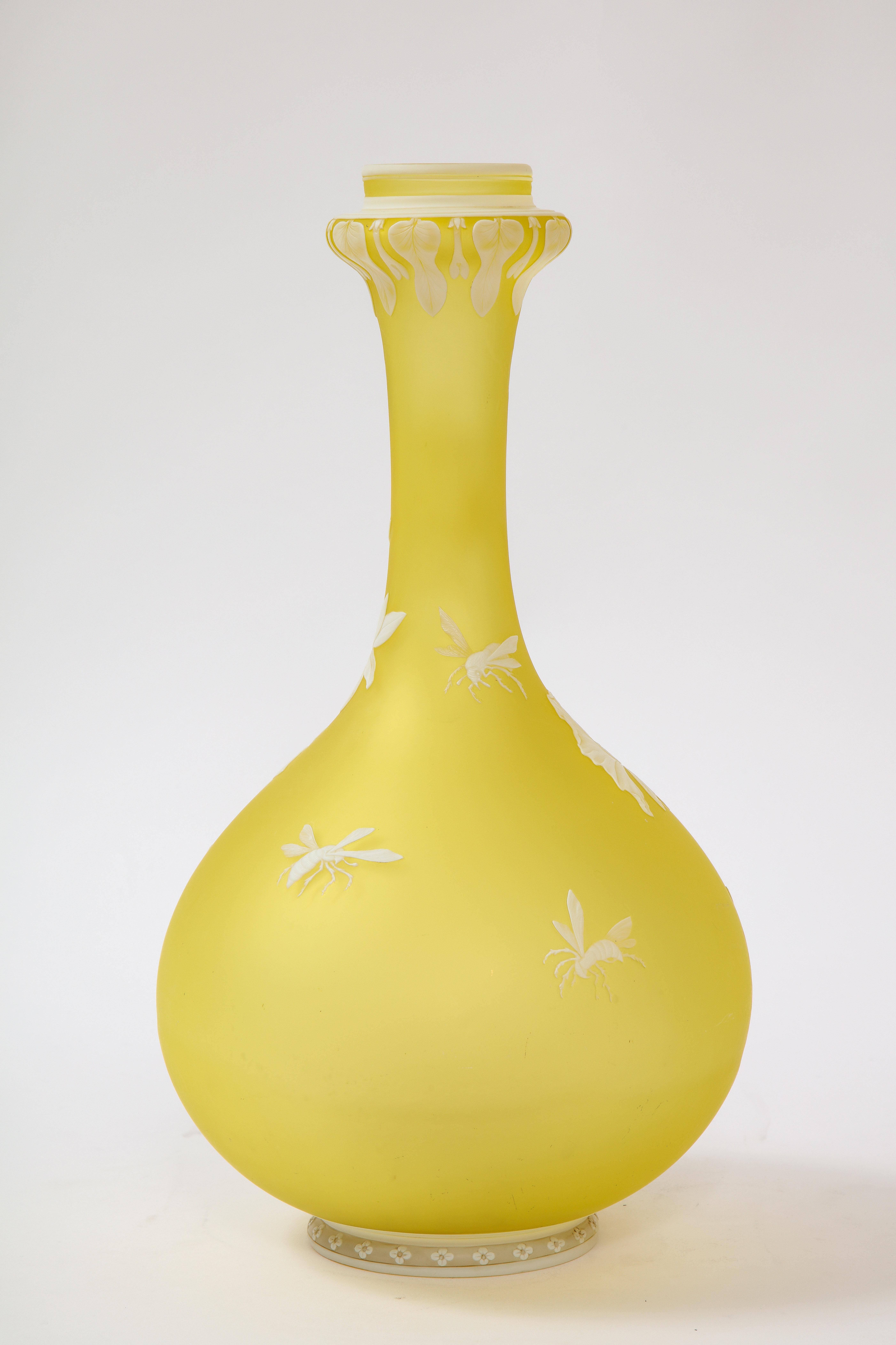 Rococo Thomas Webb & Sons Double Overlaid White Over Yellow Etched & Acid Washed Vase For Sale