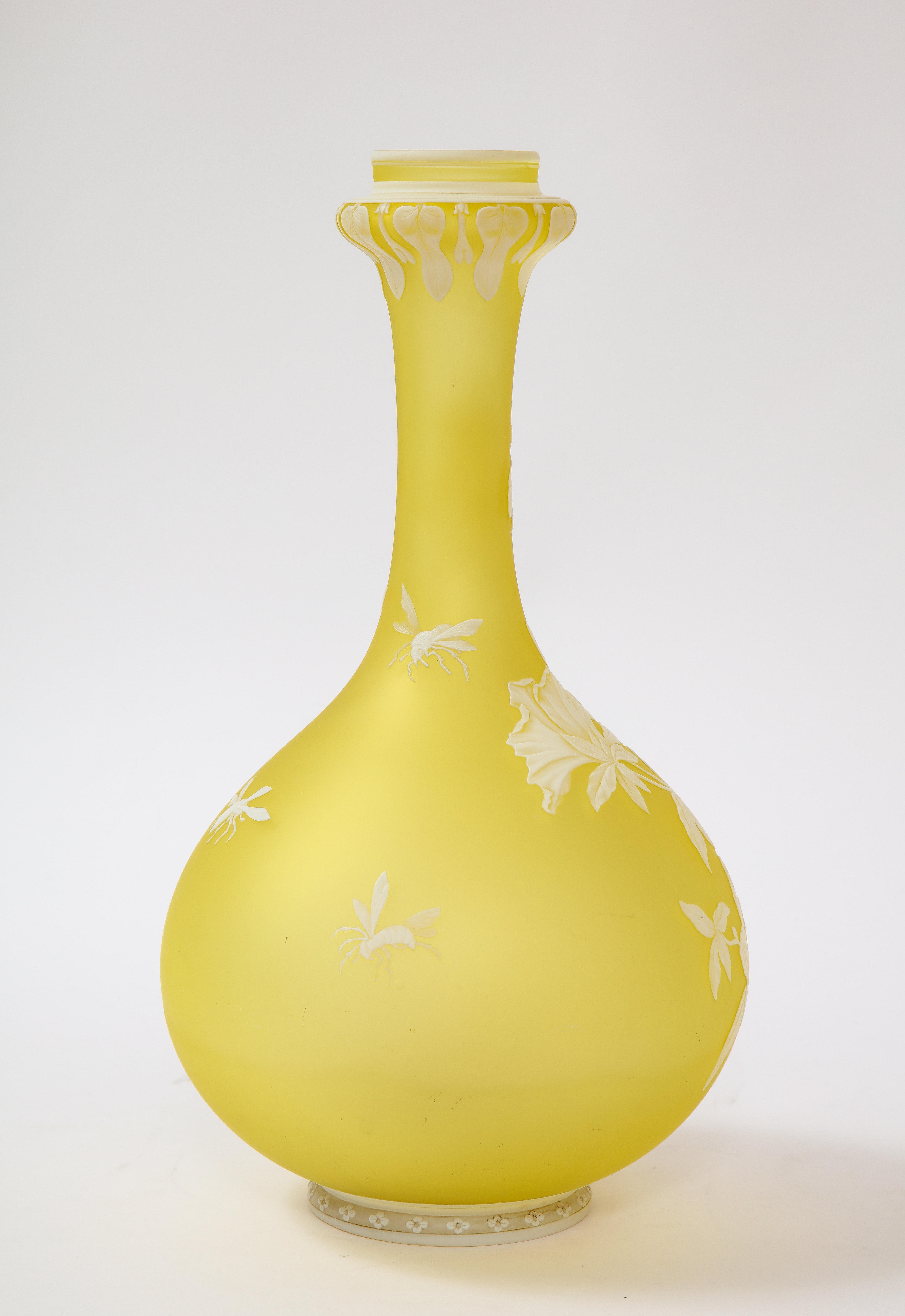 English Thomas Webb & Sons Double Overlaid White Over Yellow Etched & Acid Washed Vase For Sale