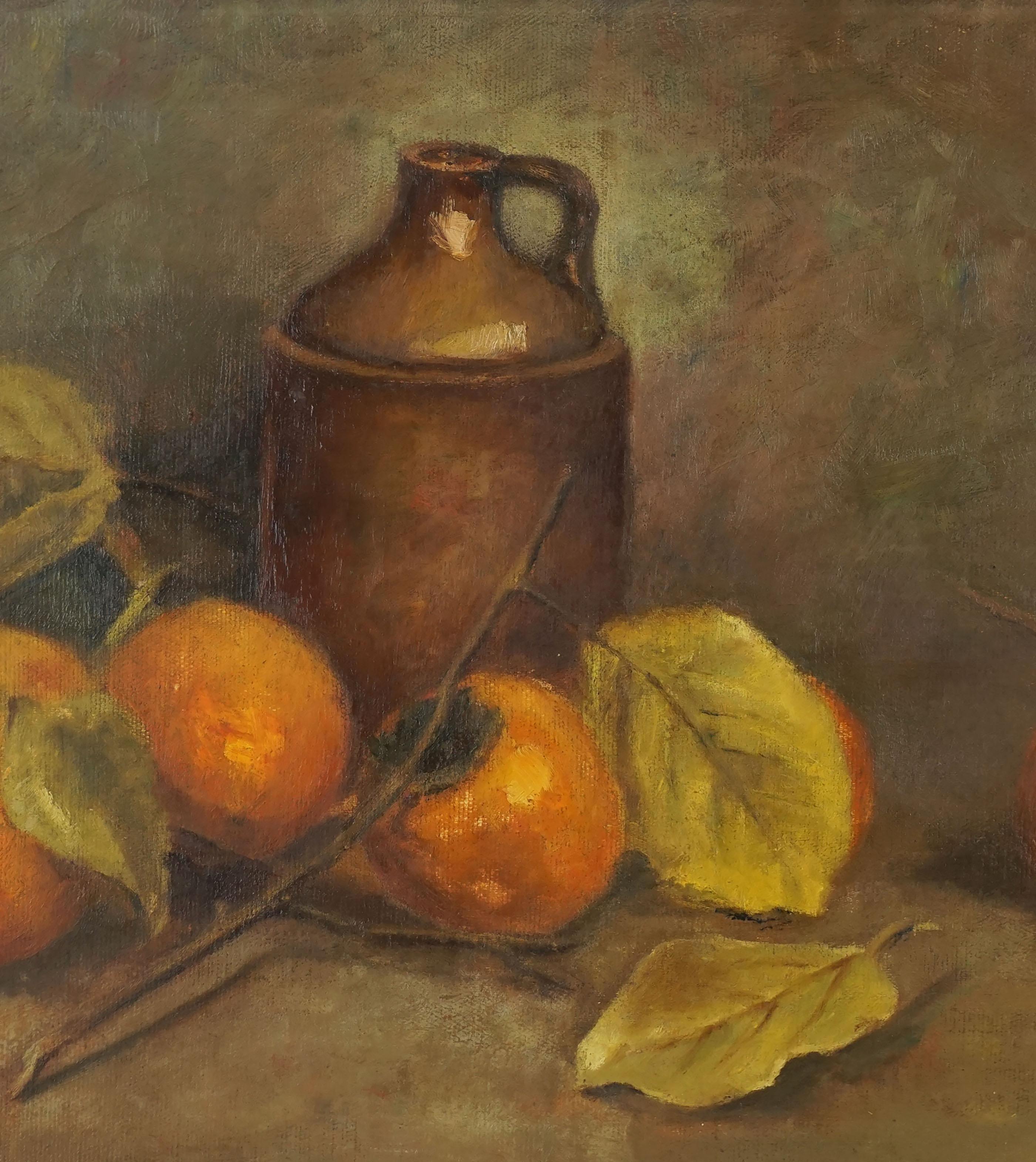 Antique Autumnal Still Life -- Persimmons & Jug - Painting by A. Thompson