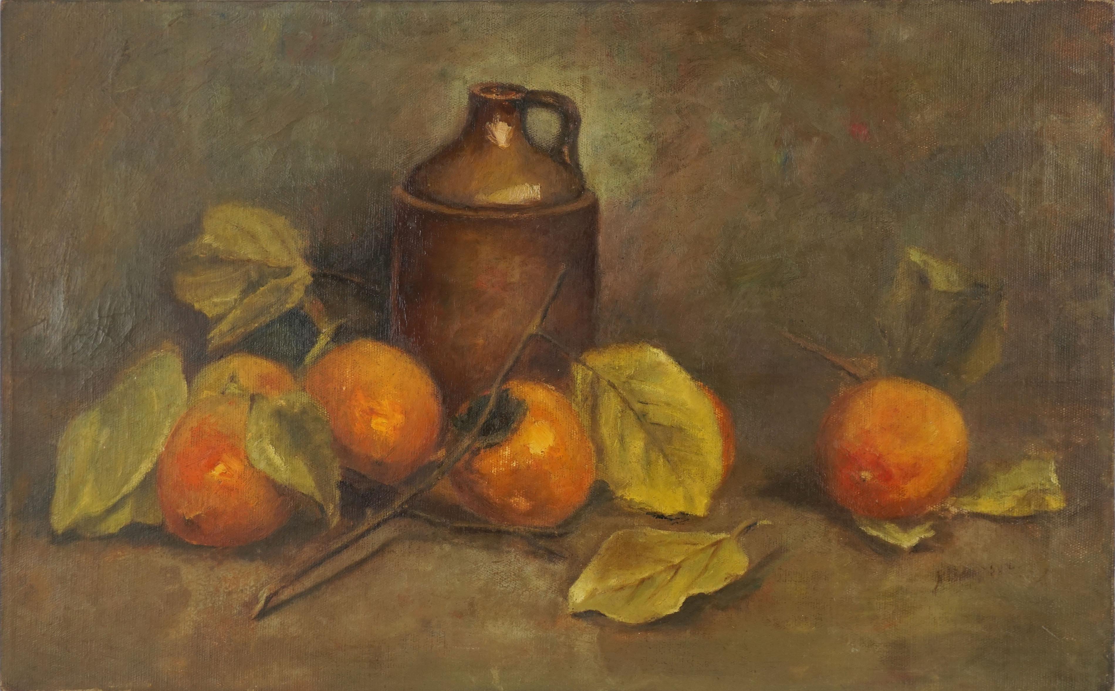 A. Thompson Still-Life Painting - Antique Autumnal Still Life -- Persimmons & Jug