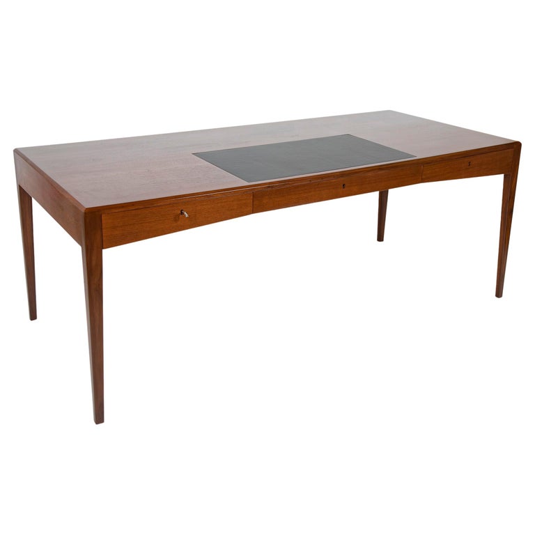 Three Drawer Teak Desk with Leather Insert in Top Designed by Severin