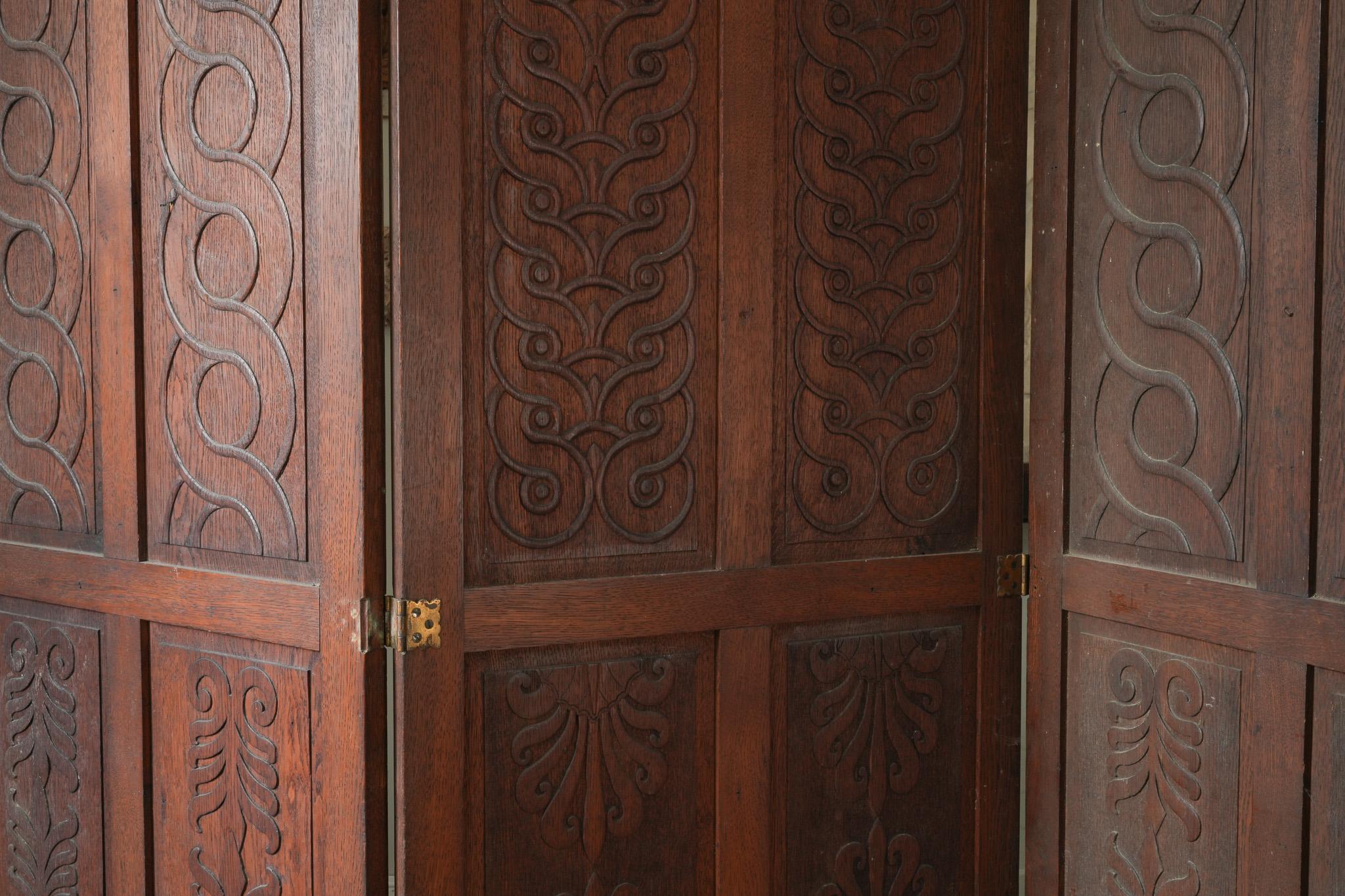 A Three Fold Carved Mahogany Room Screen For Sale 2