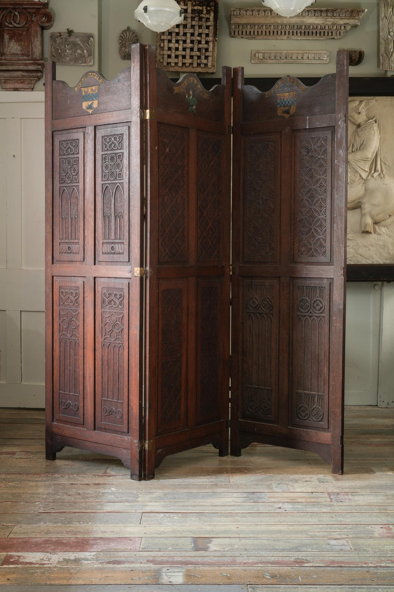 A Three Fold Carved Mahogany Room Screen For Sale 4