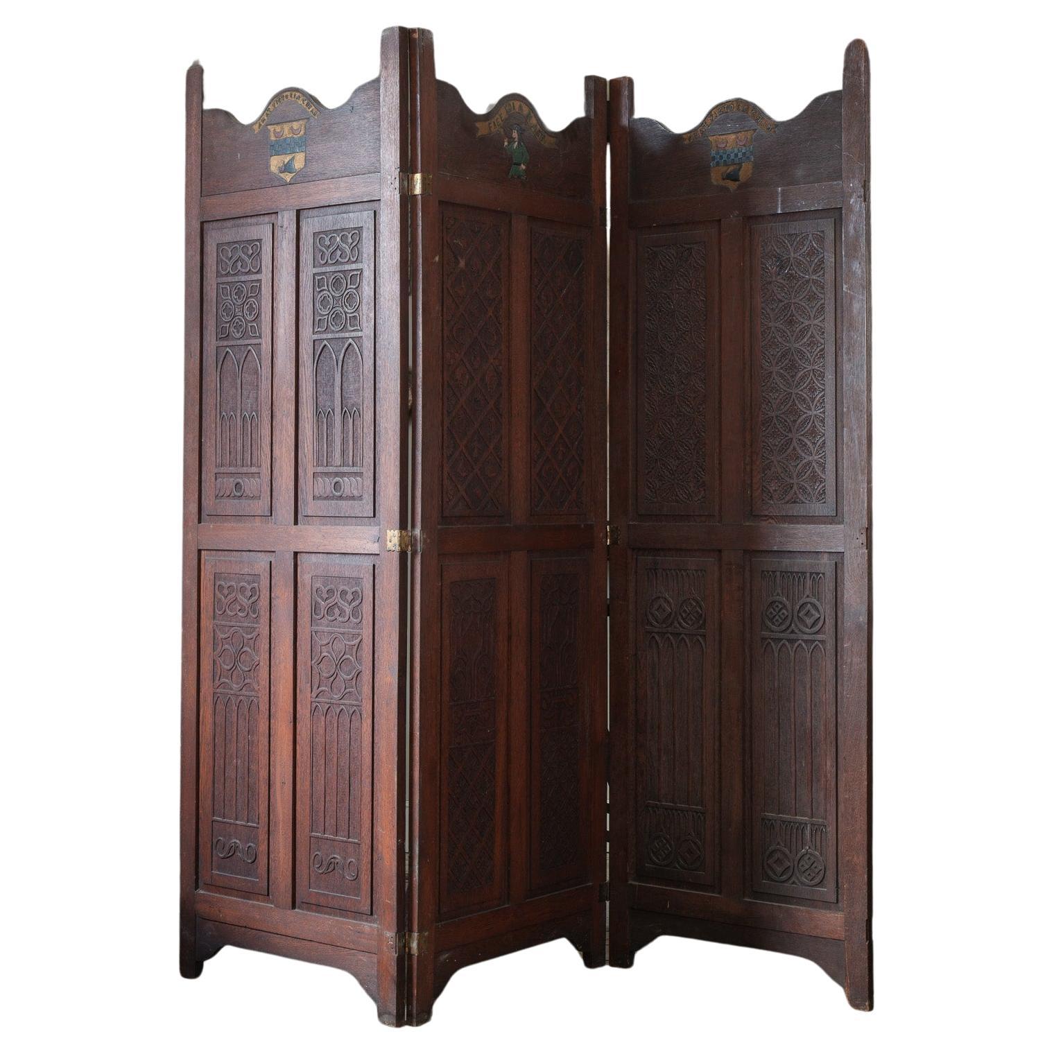 A Three Fold Carved Mahogany Room Screen For Sale